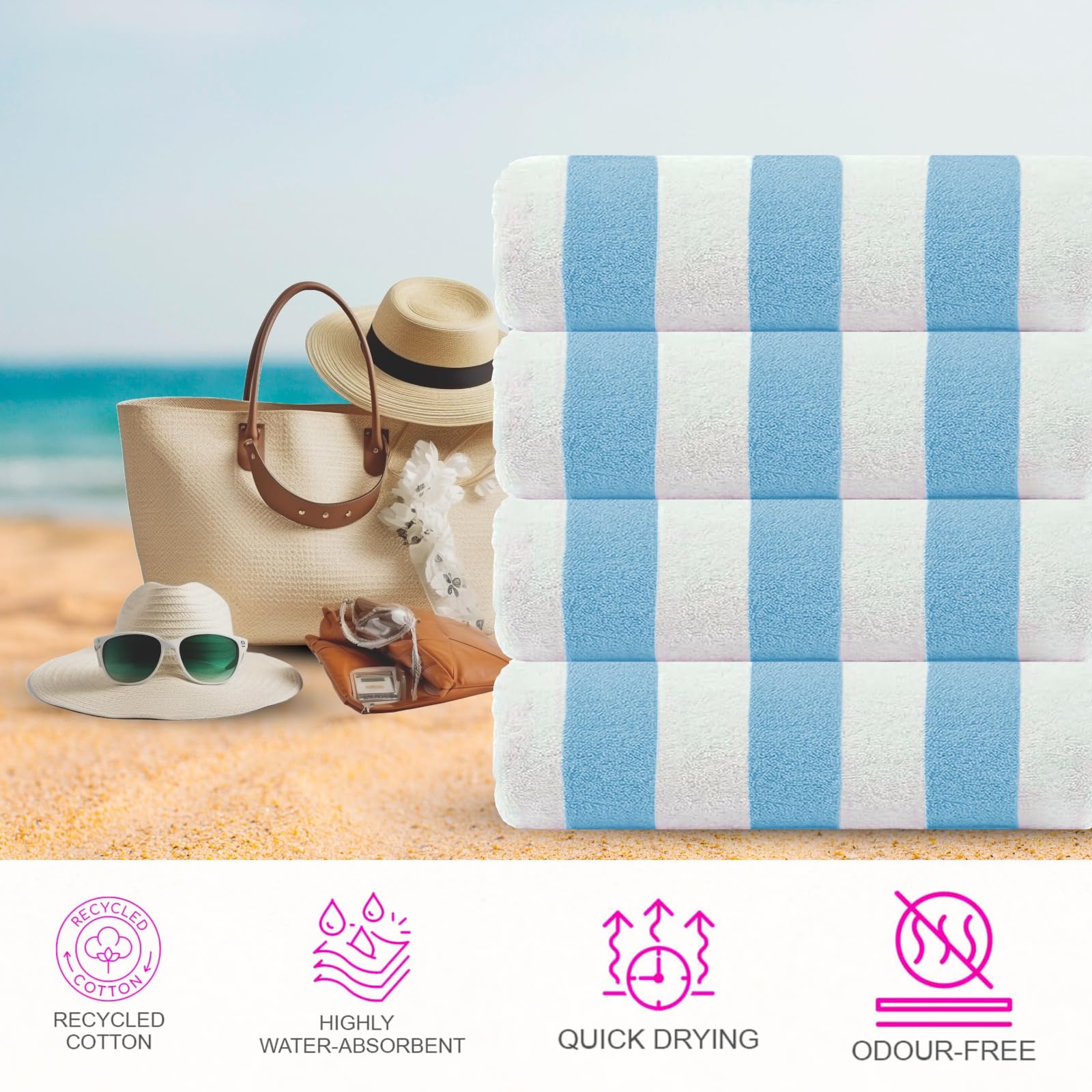 Casa Copenhagen Set Regalo 4 Toallas Playa algodón, 75x150cm, Azul bebé | Cabana – Toalla de piscina grande de 100 % algodón egipcio – 150 x 75 cm (set de regalo para mujer y hombre)