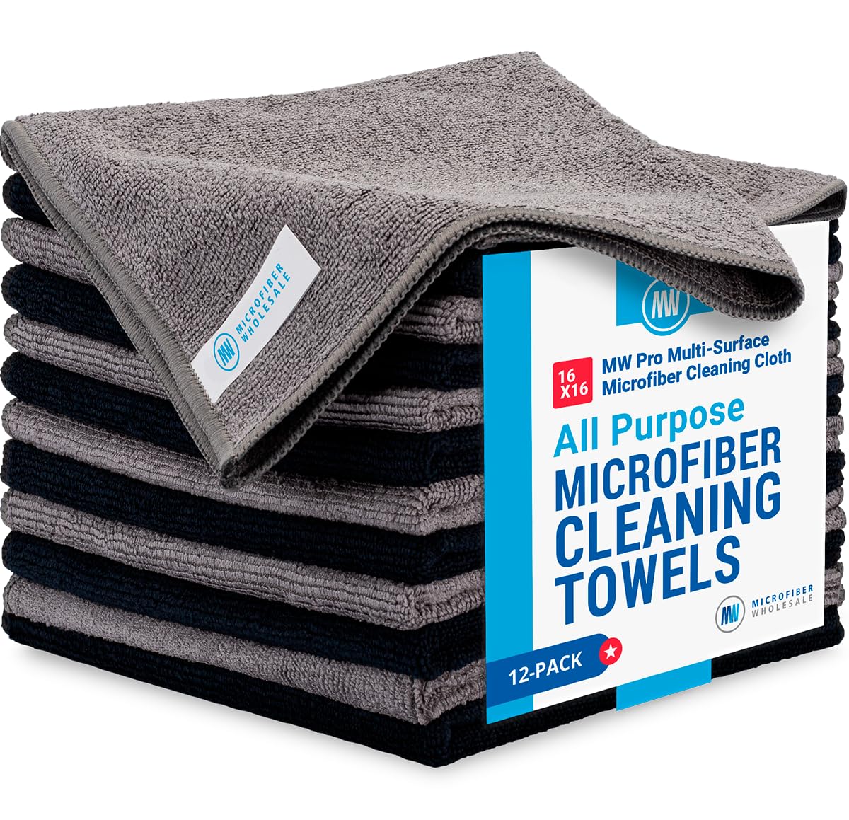MW Pro Microfiber Cleaning Cloth | Black Gray | 12 Pack | 16” x 16” | All Purpose Microfiber Towels - Clean, Dust, Polish, Scrub, Absorbent