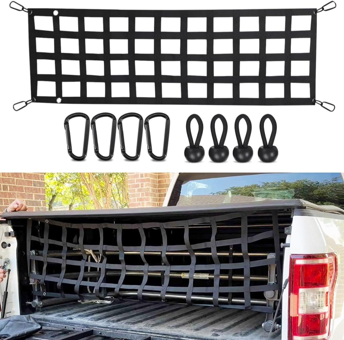 Tailgate Net for Trucks, UV-Resistant Polyester Adjustable Tailgate Cargo Net for Pick Up Truck Bed, Truck Bed Extender, Fits for Ford, Toyota, GMC, Dodge RAM, Jeep (60" x 18")