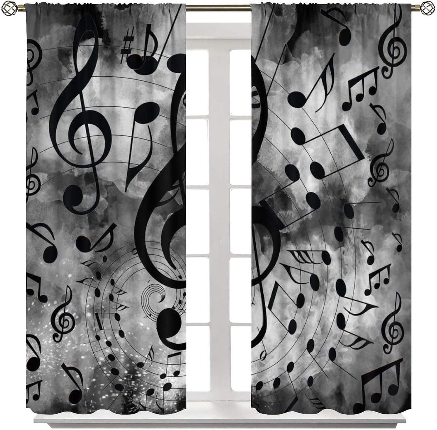 Fantasy Music Note Theme Blackout Curtains for Bedroom,Vintage Rustic Black Grey Symbol Design Window Curtains Rod Pocket 2 Panels 45L x 21W