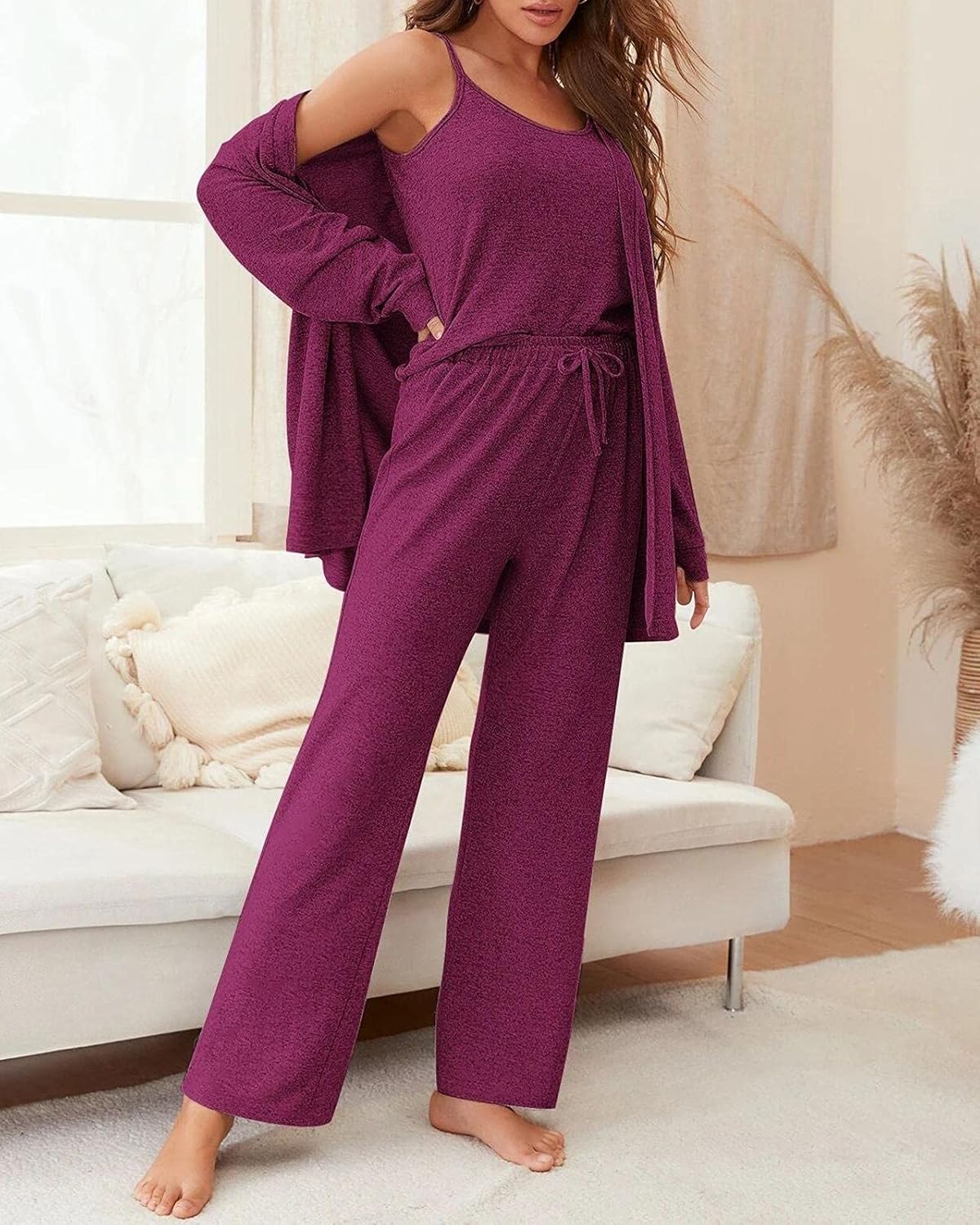 Fessceruna Womens 3 Piece Pajama Set Cami Tank Top Wide Leg Pants and Cardigan Loungewear Lounge Sets Purple - Image 2