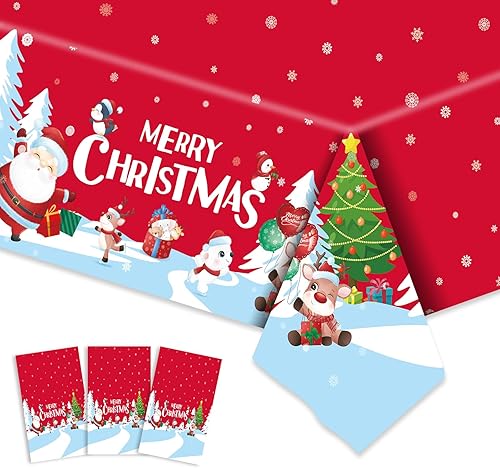 3 manteles de plástico de Navidad desechables, 54 x 108 pulgadas, mantel rectangular de vinilo rojo de Navidad, copos de nieve, para decoración de