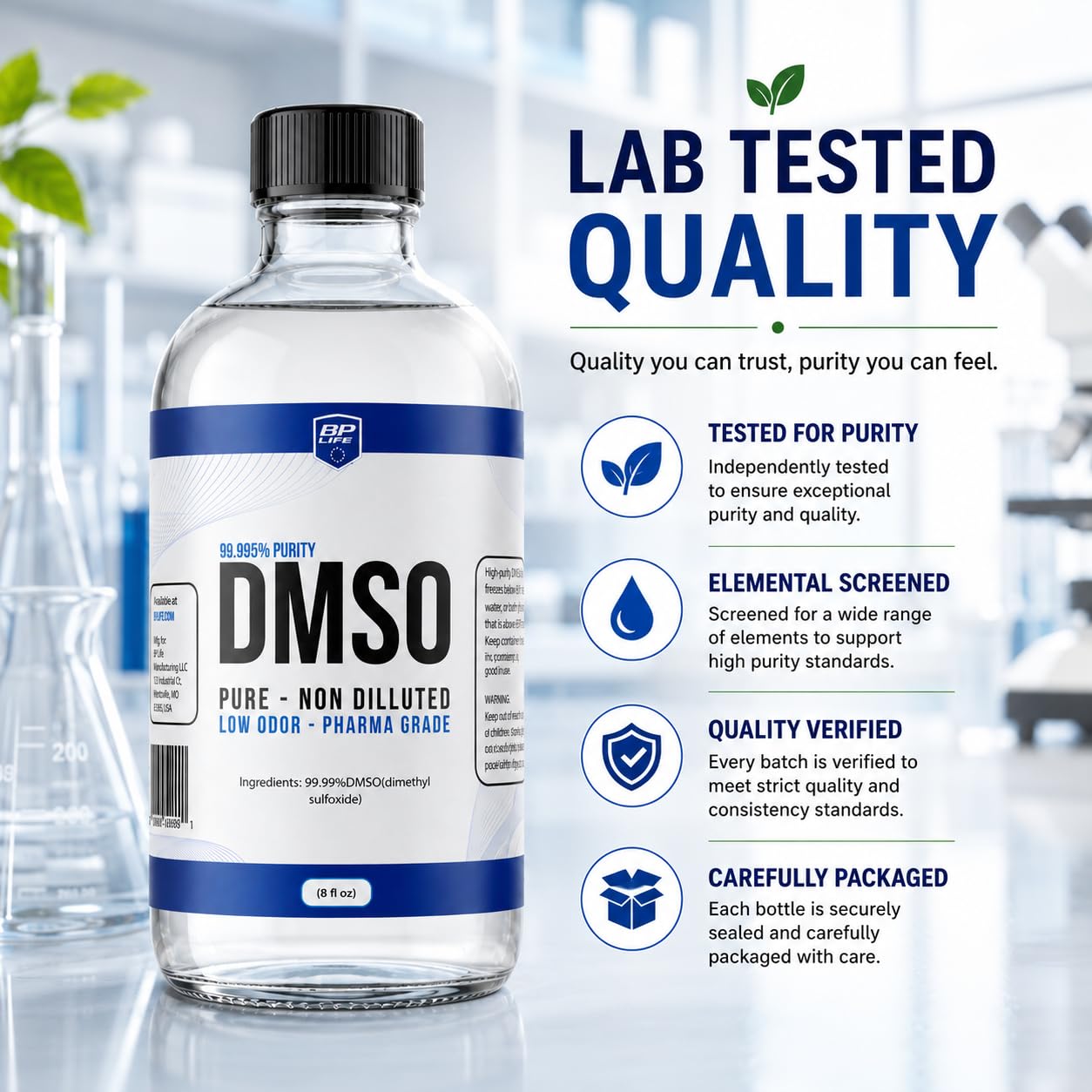 DMSO Liquid 99.9% Pure Low Odor, 8 oz Glass Bottle, Dimethyl Sulfoxide