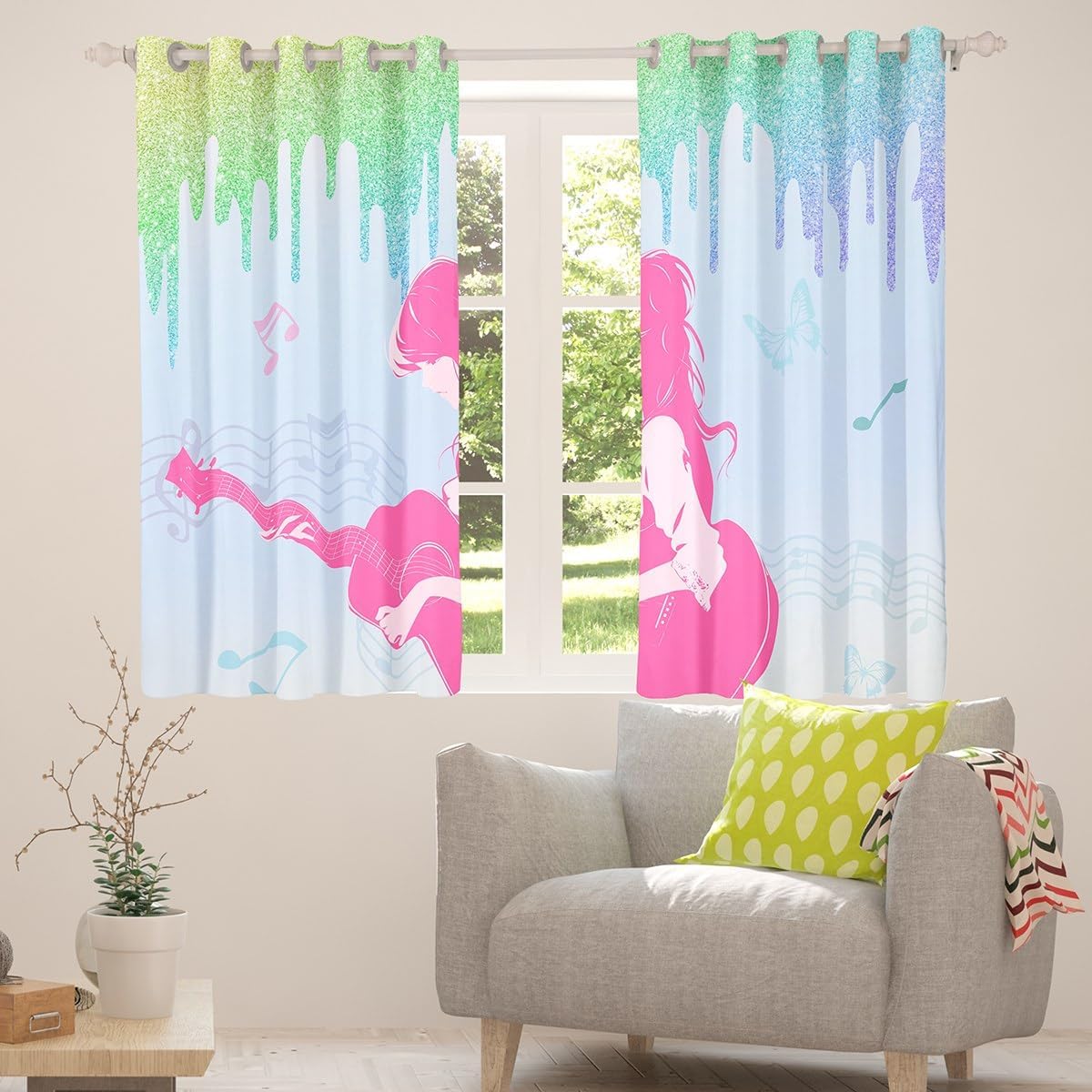 jejeloiu Girls Singer Curtains for Bedroom Living Room Blue Music Guitar Blackout Shades (2 Panels, 52x84 Inch) Glitter Fashion Women Darkening Curtain Gift for Sister Friends Window Drapes image 4