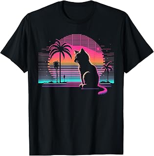 Cat Vaporwave Retrowave Aesthetic Synthwave 80s Palm Tree T-Shirt