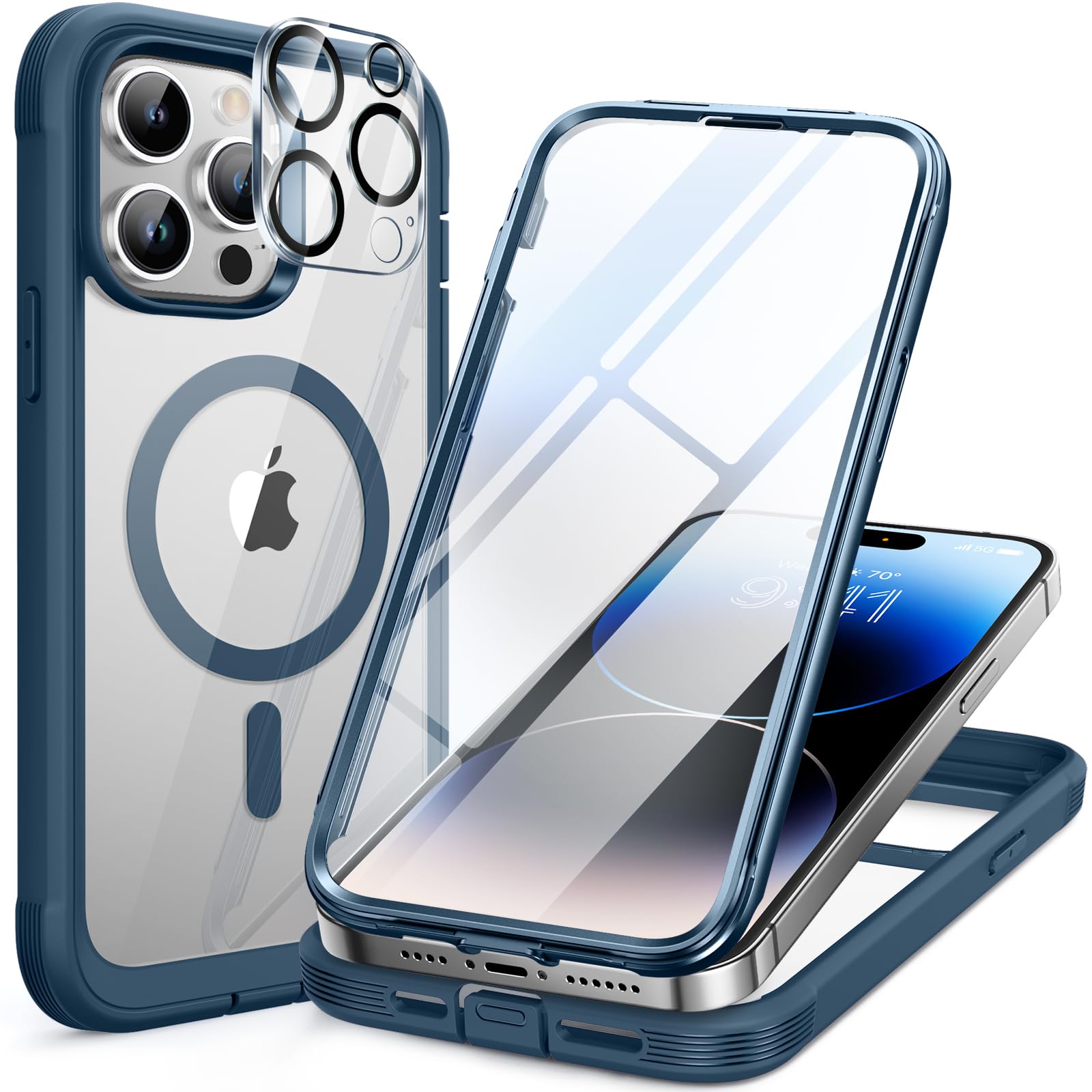 VUP for iPhone 14 Pro Case, [Compatible with Magsafe] Full Body Rugged Case with Built-in [Upgraded Tempered Glass] Screen Protector, Magnetic Phone Case for iPhone 14 Pro Case 6.1" (Blue)