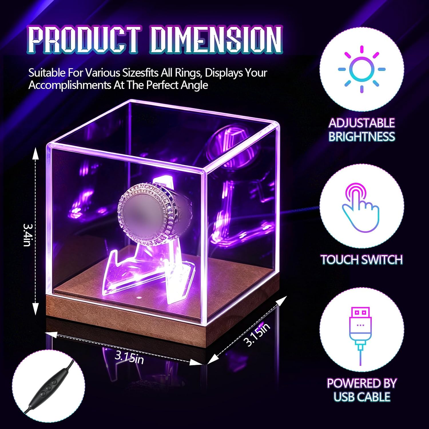 Colingmill Championship Ring Display Case with LED Light 7 Color Clear Ring Holder UV Protected Light up Display Box for Baseball Souvenir Memorabilia Gift(Wood Base) image 2
