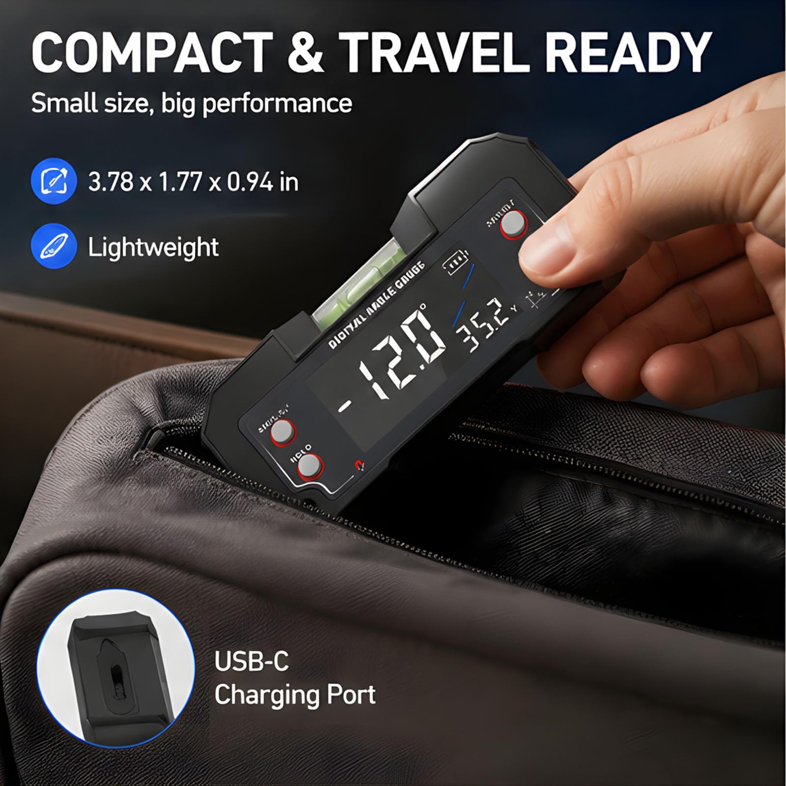 Medidor de inclinación digital compacto para paradas nocturnas, herramienta de lectura de viales de burbujas con resolución de 0.1° para controles de configuración de estacionamiento durante