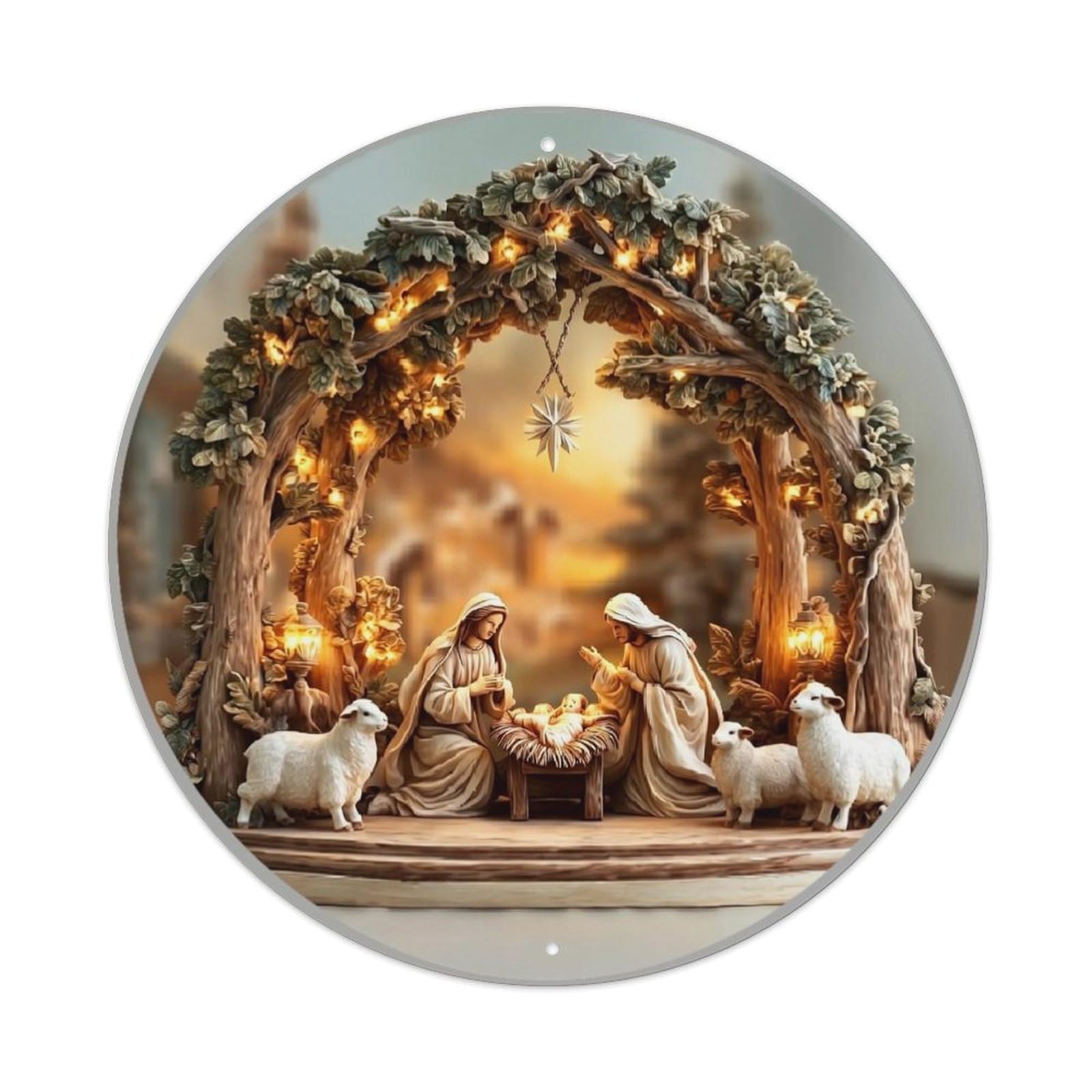 Jdyaojiesheng Vintage Nativity Scene With Shepherds And Lambs Round Tin Sign Retro Metal Wall Decor Metal Poster, Home Bar Garage Farmhouse Cafe Wall Art Decoration 8X8inch