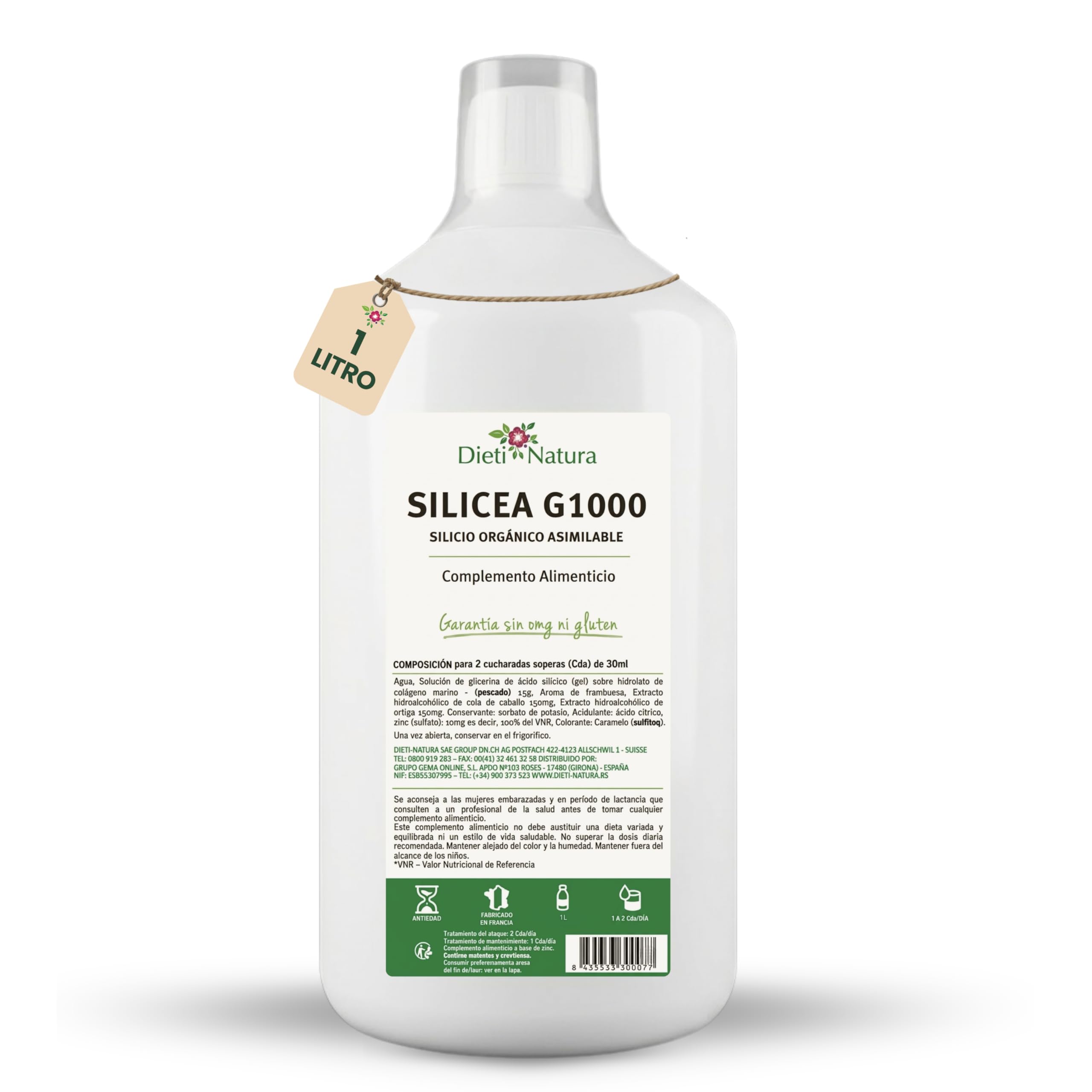 Dieti Natura Silicea G1000 1L Sabor Frambuesa para Articulaciones y Colágeno - Silicio Orgánico Bebible Alta Absorción para Huesos, Cartílago y Piel - Silicio Orgánico 100% Asimilable