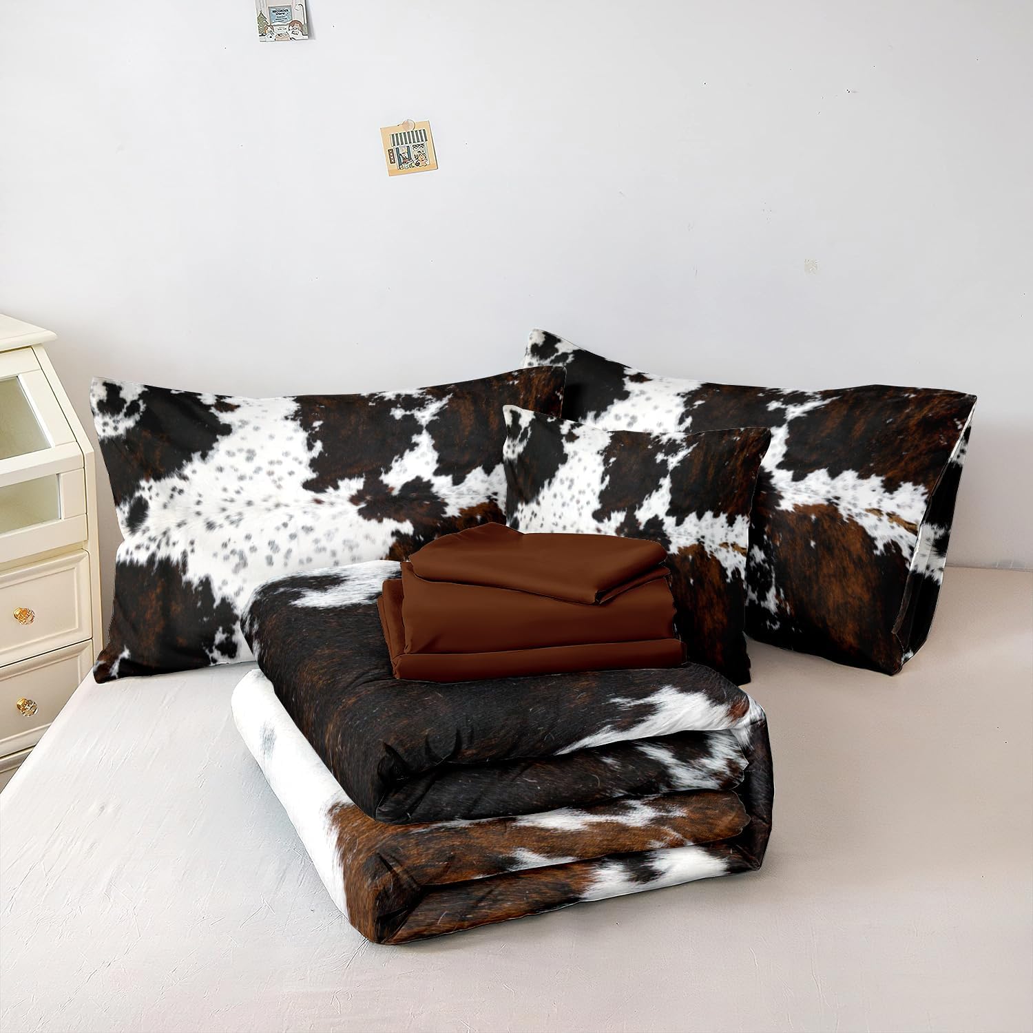 MUGINYU Brown Cowhide Comforter Set Queen, 8 Pieces Bed in a Bag Black White Cow Skin Print Western Farmhouse Animal Fur Bedding Set - Image 6