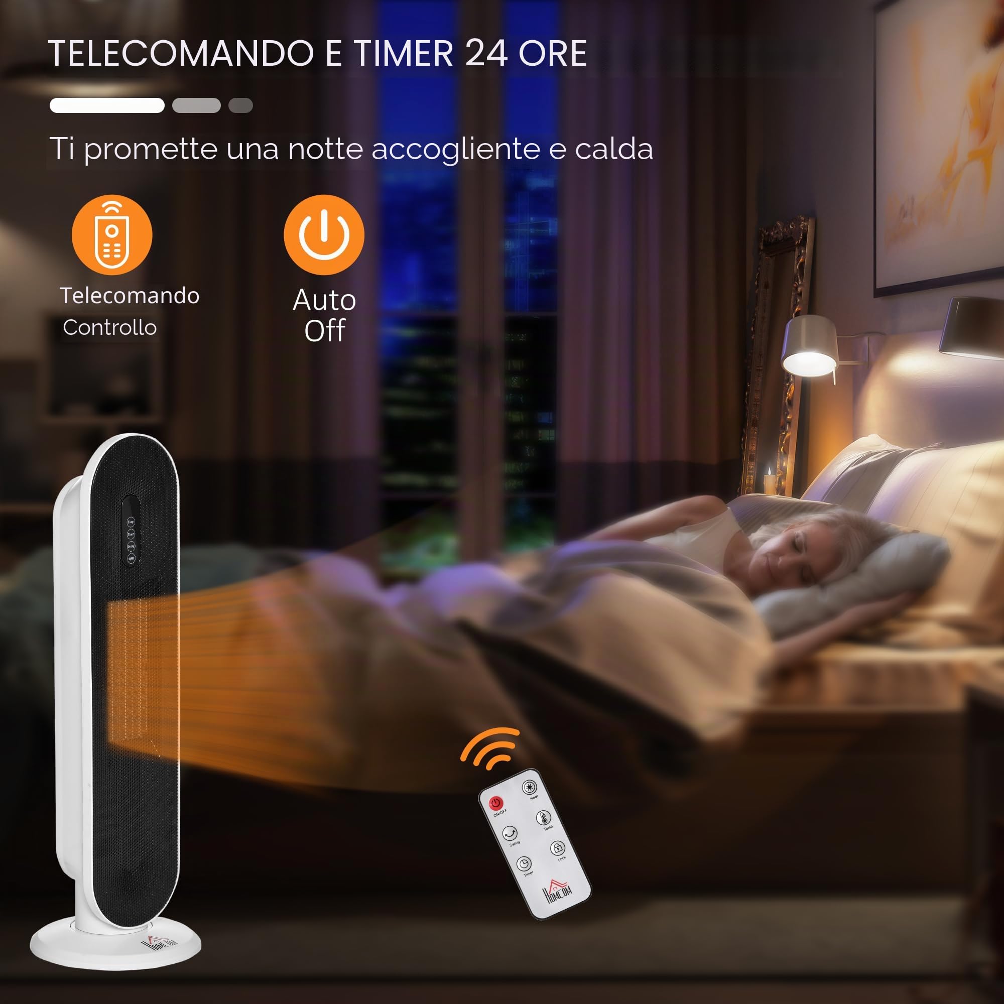 HOMCOM Stufa Elettrica Oscillante con Timer 21x21x63.5 cm Bianco e Nero | Con Telecomando, 2 Modalità, Stufetta Elettrica Basso Consumo in PTC, Protezione da Surriscaldamento e Antiribaltamento