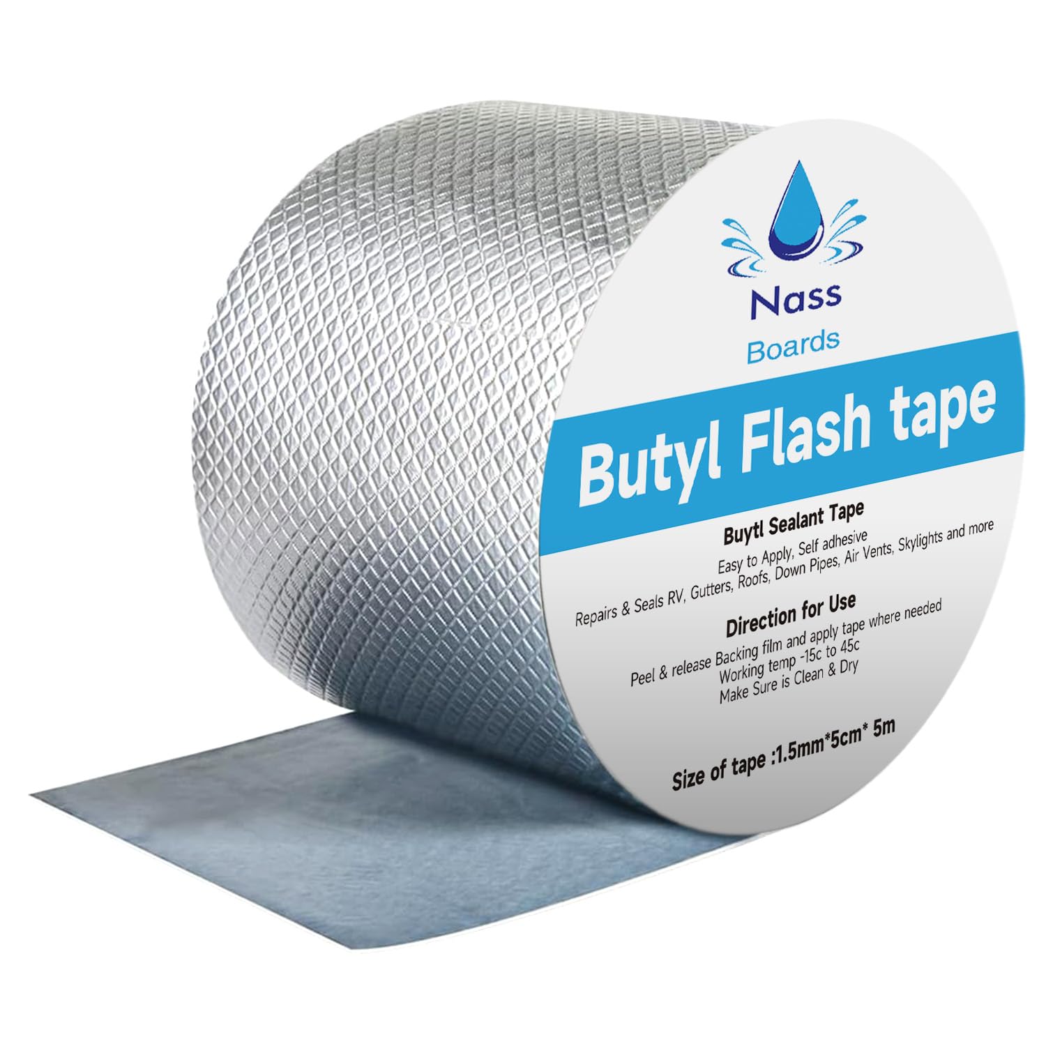 Nassboards Butyl Waterproof Tape, Flashing Tape, Roof Sealant, Butyl Tape, and Waterproof Tape for Outdoor Use, Waterproof Sealing Tape for Leaks, Roofs, and More, Silver, 1.5mm x 10cm x 5m
