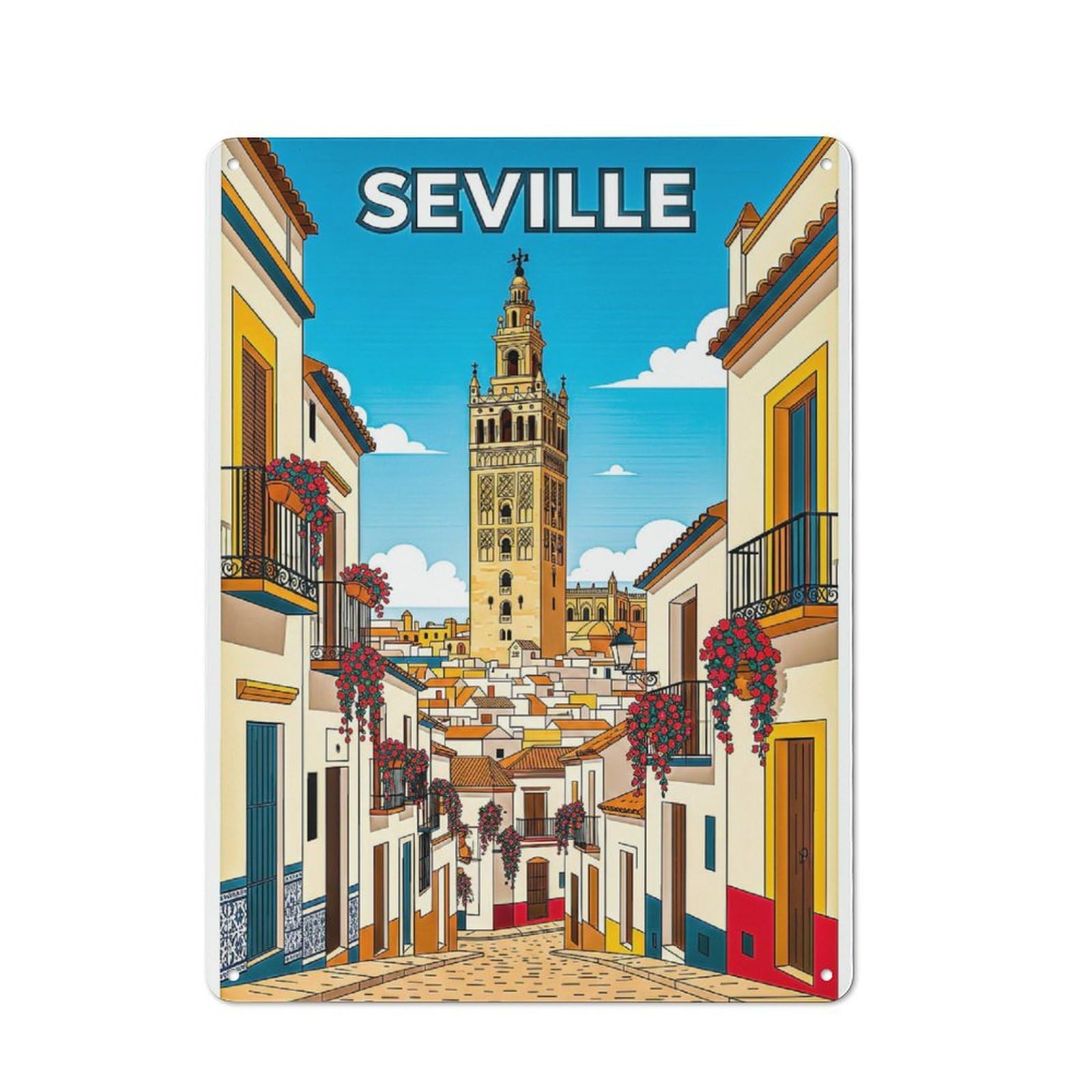 Junmoney Style-16 Metal Wall Sign 40X30cm Featuring Seville Cityscape With Giralda Tower For Hallway Wall, For Vintage Wall Decor Fans, For Cafés, Pubs And Restaurants
