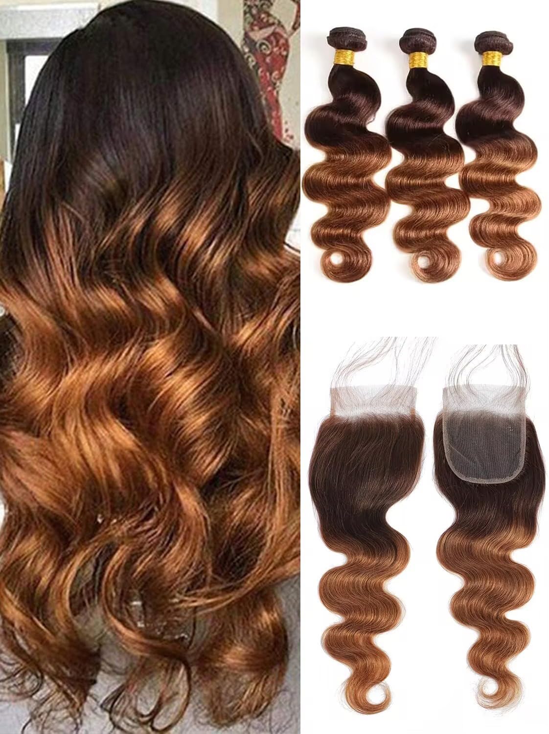 2 Tone Ombre Body Wave Hair 3 Bundles With 4x4 Free Part Lace Closure