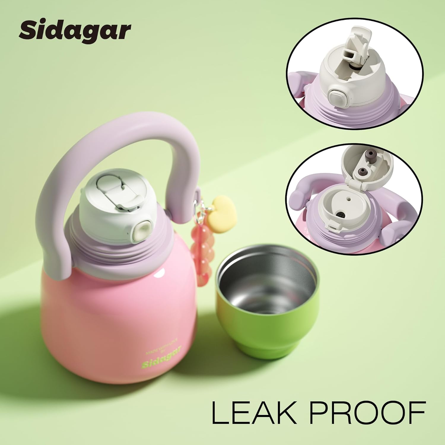 22 oz Water Bottle with Straw and Bowl, Wide Mouth Insulated Stainless Steel Tumbler, Leak-Proof 24H Ice Cold Cute Flask for Women Home & Cozy Vlog; Heart Bracelet Charm Gift, Strawberry Pink - Image 4