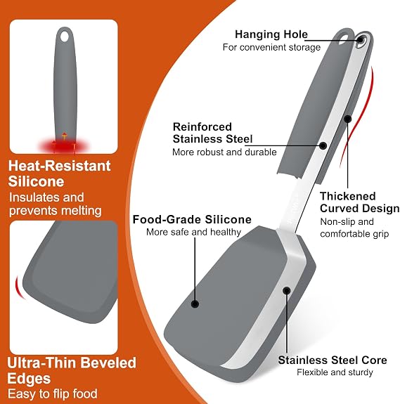 Silicone Spatula, 13 x 3.2 In, 600F Heat Resistant (Gray) | Flexible Turner, BPA Free, Non Scratch for Non Stick Frying Pan, Kitchen Cooking, Flipping, Dishwasher Safe