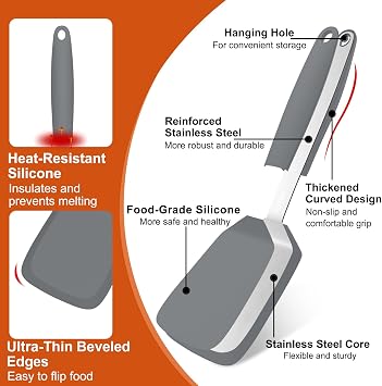 Silicone Spatula, 13 x 3.2 In, 600F Heat Resistant (Gray) | Flexible Turner, BPA Free, Non Scratch for Non Stick Frying Pan, Kitchen Cooking, Flipping, Dishwasher Safe