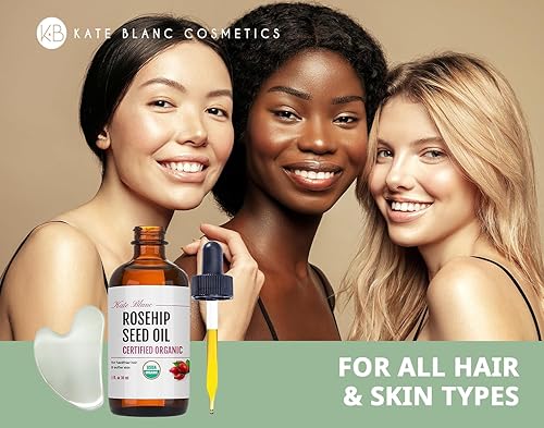 Miniatura 4 de Kate Blanc Cosmetics Aceite de rosa mosqueta para cara con Gua Sha inoxidable (1 oz, orgánico, puro, prensado en frío), aceite facial de semillas de
