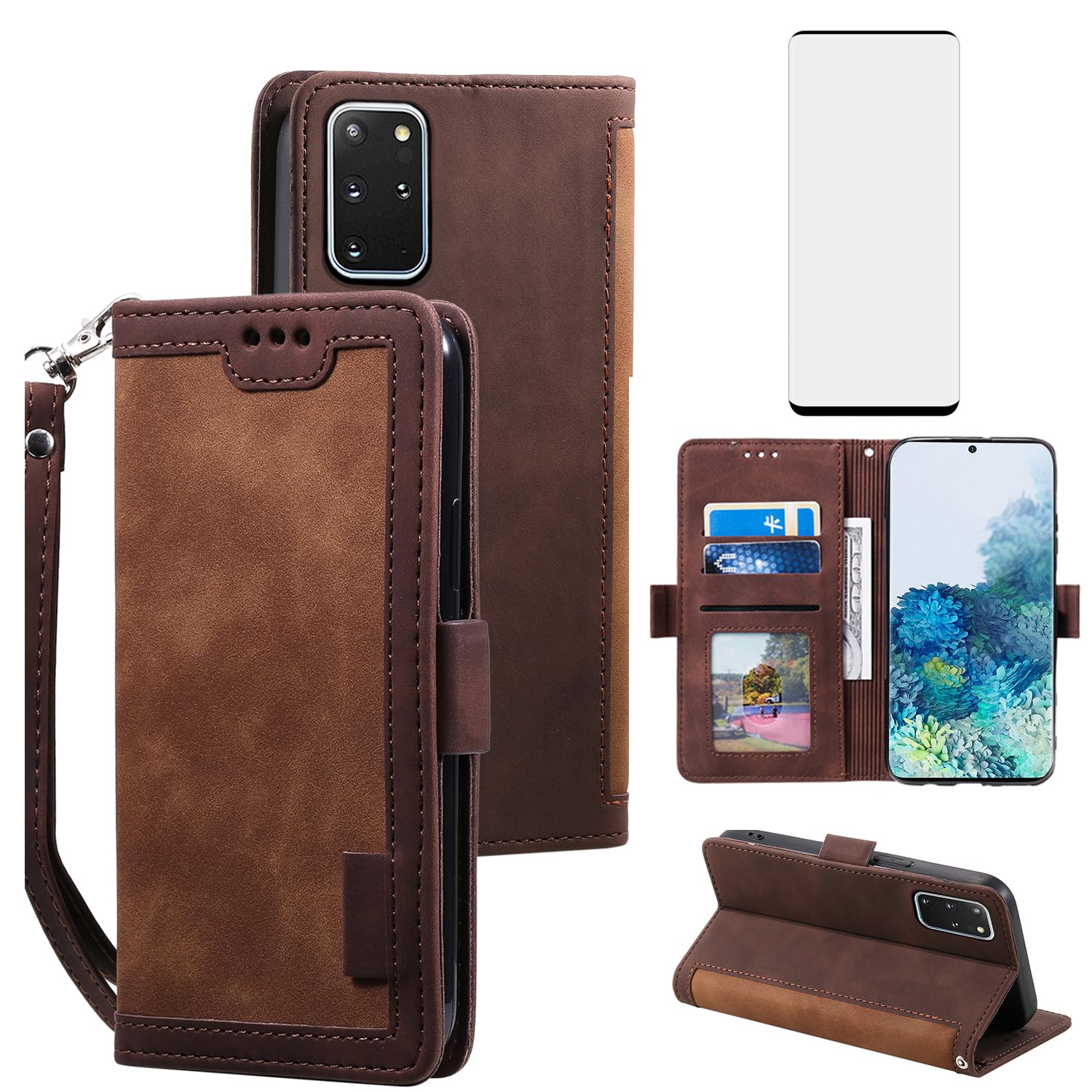 Asuwish Phone Case for Samsung Galaxy S20 Plus S20+ 5G Wallet Cell Cover with Tempered Glass Screen Protector Lanyard Flip Credit Card Holder Stand