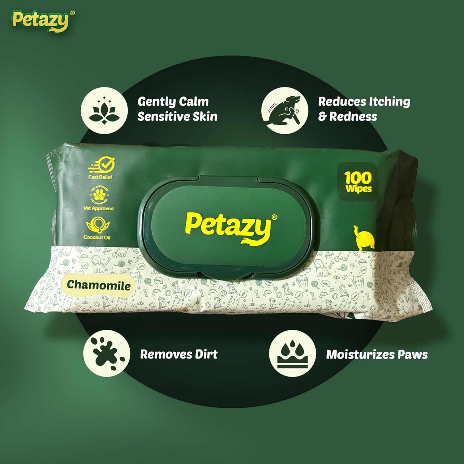 Petazy Dog Wipes for Paws and Butt – 400 Count (8x8in) Hypoallergenic, Deodorizing Pet Wipes for Dogs and Cats | Extra Large, Plant-Based, Chamomile Scented | Includes 4 Grooming Glove Wipes