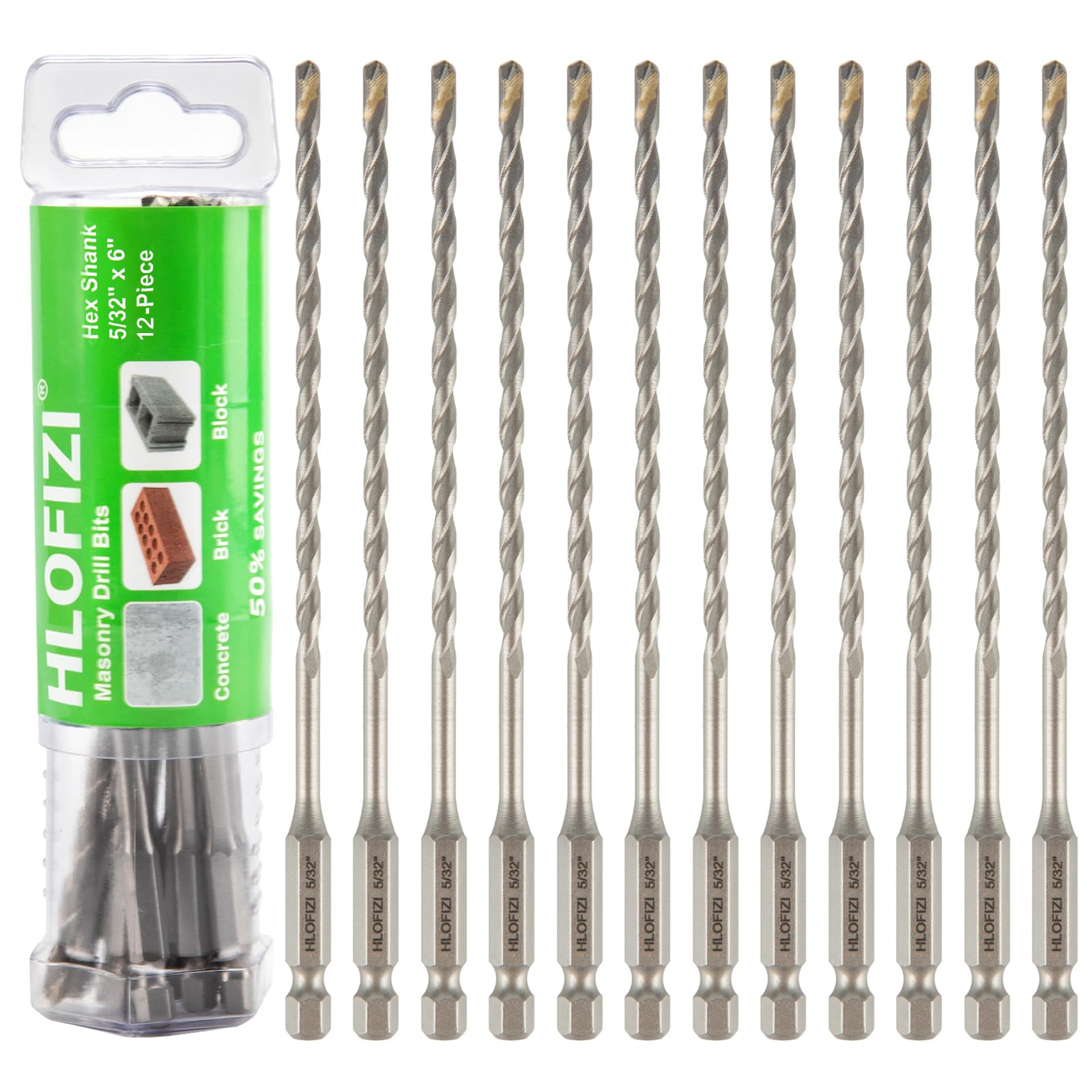 HLOFIZI 5/32" x 6" Masonry Drill Bits 5/32 inch Concrete Hammer Drill Bits, for Cement, Brick, Stone, Block, Stucco Wall, 12 Pack