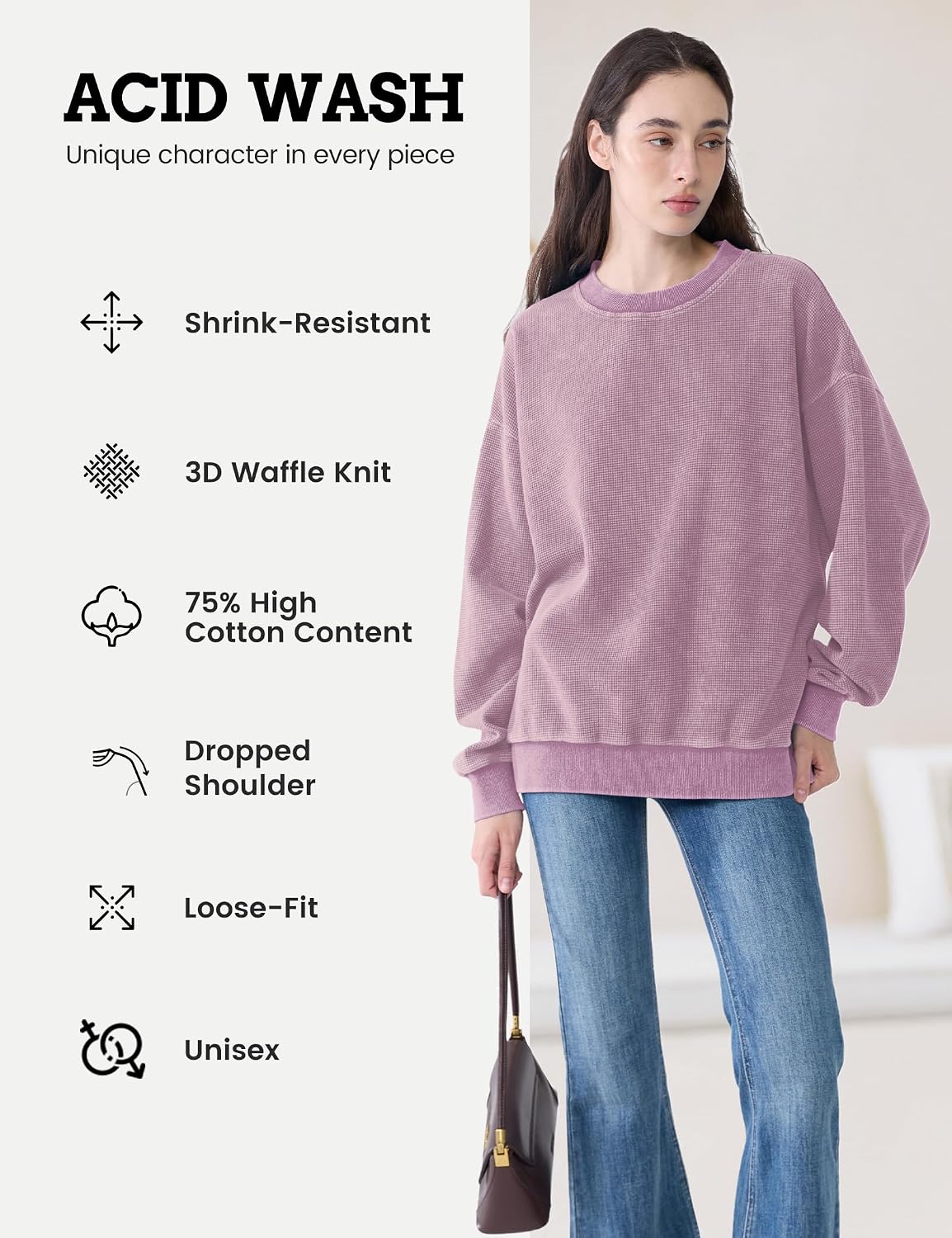 FAIABLE Acid Wash Sweatshirts Women Waffle Crewneck Oversized Sweatshirt for Women Fashion Crewneck Pullover Tops 2026 Fall