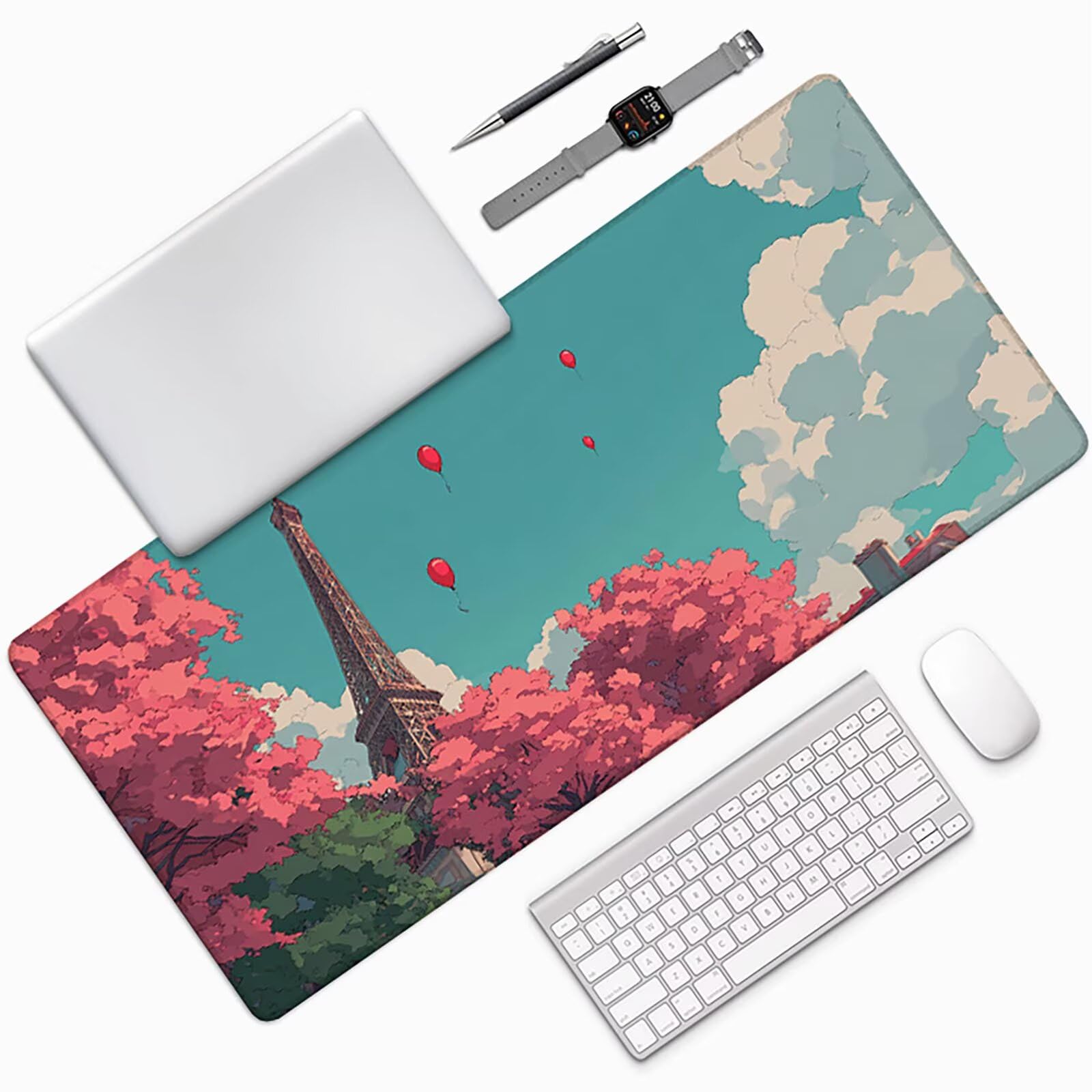 Rosa Alfombrilla Ratón XXL 1500x800x3 mm Grande Alfombrilla Ratón Gaming Torre Eiffel Art con Bordes Cosidos Diseño, Base de Goma Antideslizante Mouse Pad para PC Gaming Protector Escritorio z-6110