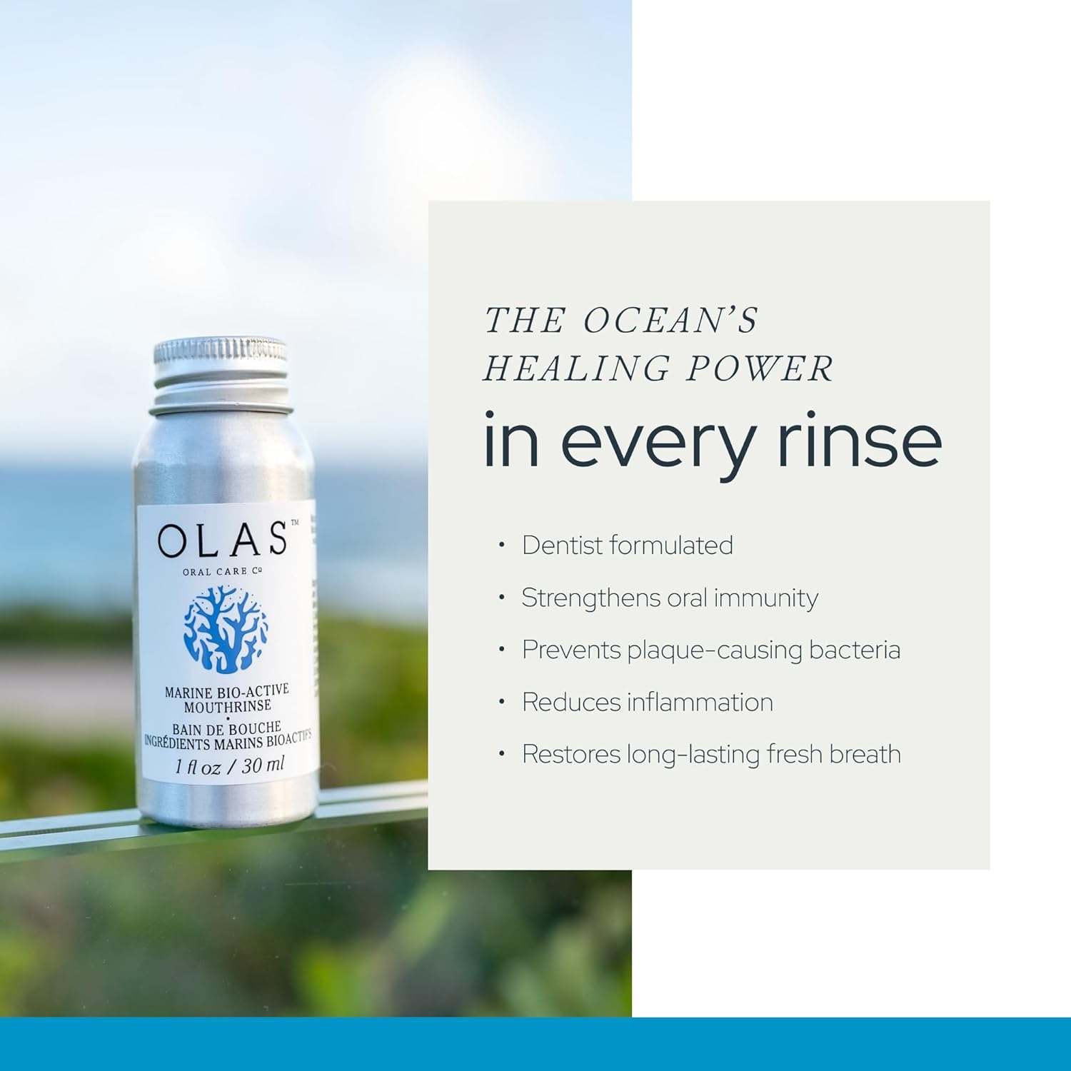 Olas Alcohol Free Mouthwash & Oral Rinse - Marine Bio-Active Mouth Rinse with Essential Oils & Antioxidants for a Healthy Oral Microbiome - Fluoride Free Natural Mouthwash (3 Count, 1 Fl Oz Each) - Image 2