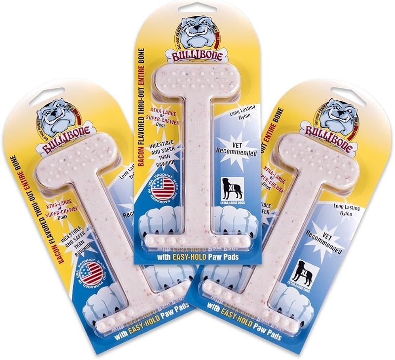 Brinquedo para Mastigar para Cães Bullibone em Nylon com Sabor Bacon e Design Texturizado, Pacote com 3