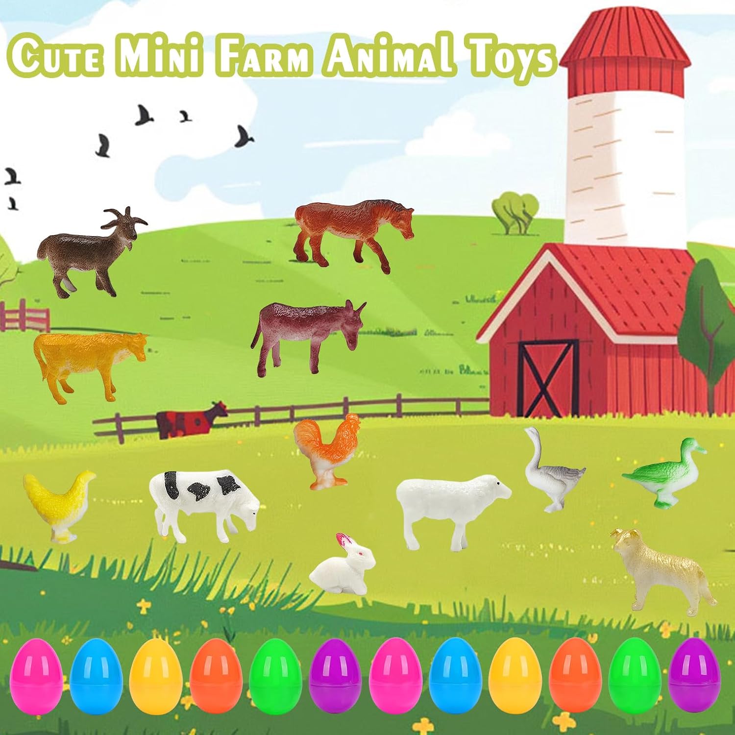 12 Pack Prefilled Easter Eggs with Toys Inside, Filled Easter Eggs with Farm Animal for Kids Easter Egg Hunt, Easter Basket Stuffers Fillers, Easter Party Favors Supplies