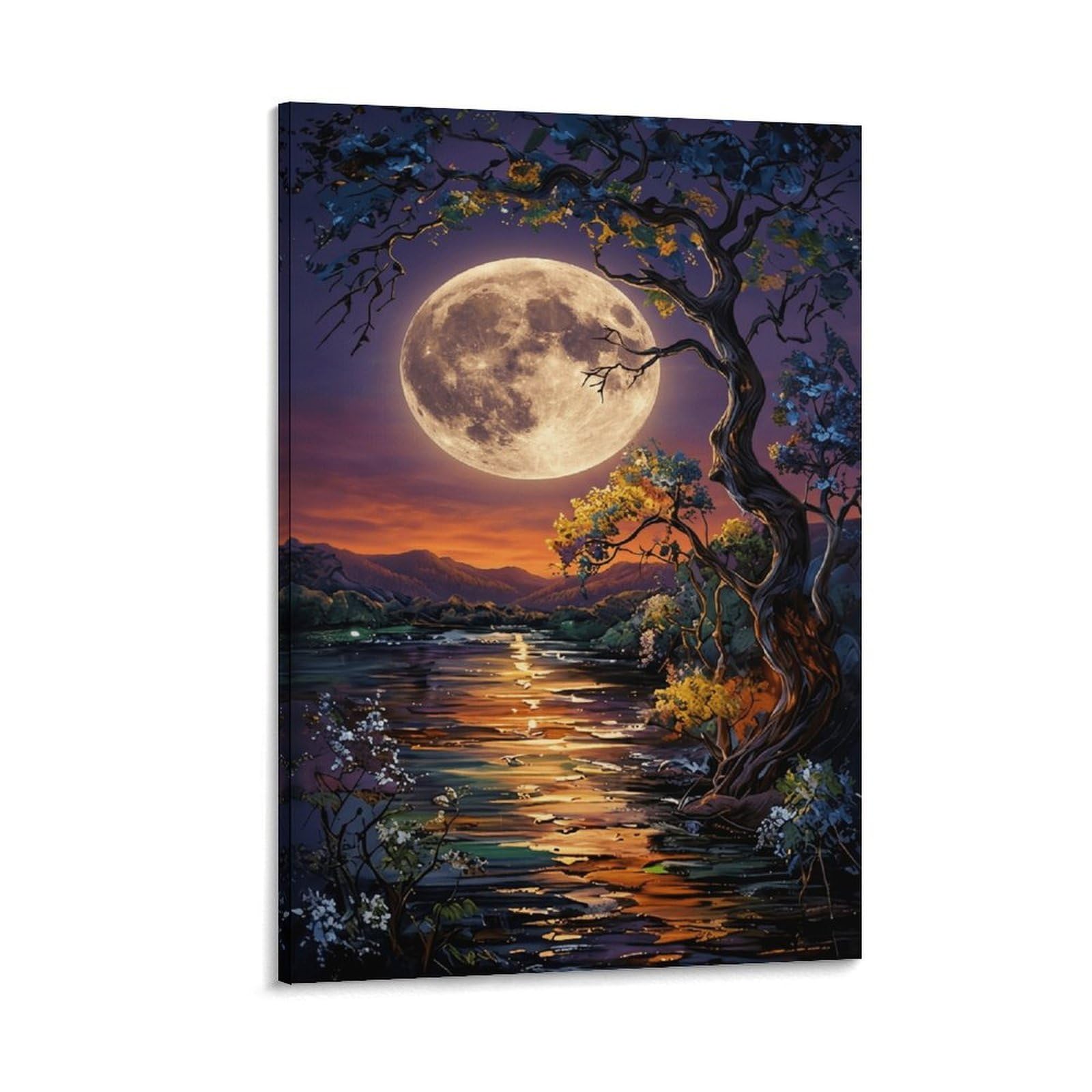 XPASHIQWC Full Moon Poster Artwork Moonlit Riverside Giclee Canvas Prints Modern Canvas Wall Art Picture Wall Hanging for Dining Room Kitchen Home Office Decor 20x30inch(50x75cm)