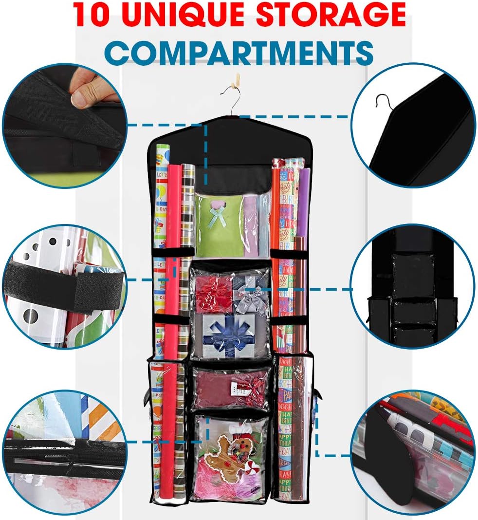 ProPik Hanging Double Sided Wrapping Paper Storage Organizer With Multiple Pockets Organize Your Gift Wrap, Gift Bags Bows Ribbons 40"X17" Fits 40 Inch Rolls Clear PVC Bag (Black) - Image 3