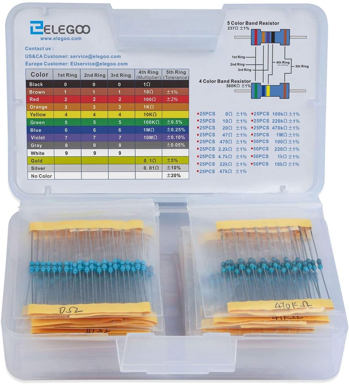 ELEGOO 17 Values 1% Resistor Kit Assortment, 0 Ohm-1M Ohm (Pack of 525) RoHS Compliant for Electronic Projects