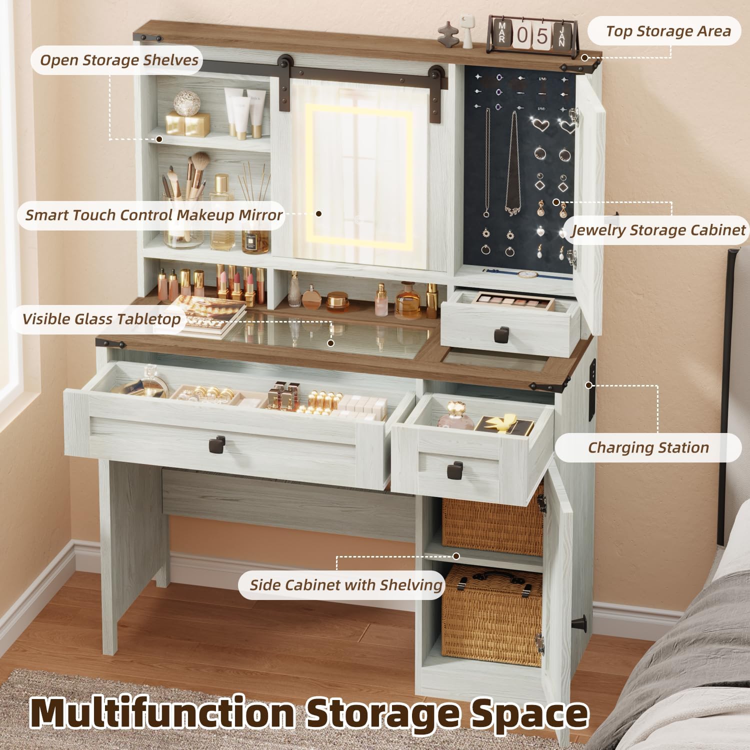 EROMMY 42" Farmhouse Makeup Vanity Desk with Lighted Mirror & Power Strips, Vanity Table with Sliding Barn Door, Open & Hidden Shelves, Drawers, Jewelry Cabinet, White Dressing Table, Light Adjustable