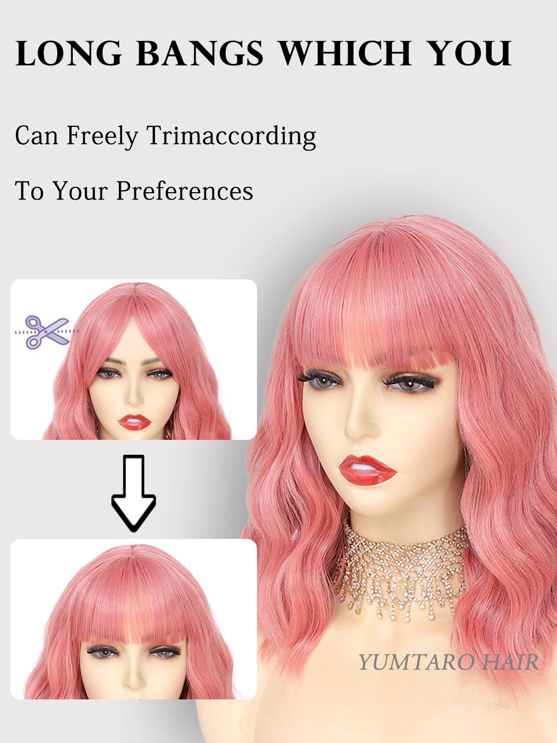 Pastel Pink Wavy Bob Wig for Women, Short Shoulder Length Synthetic Wig with Bangs, Natural Looking Lightweight Hairpiece for Gift & Cosplay Costume Party