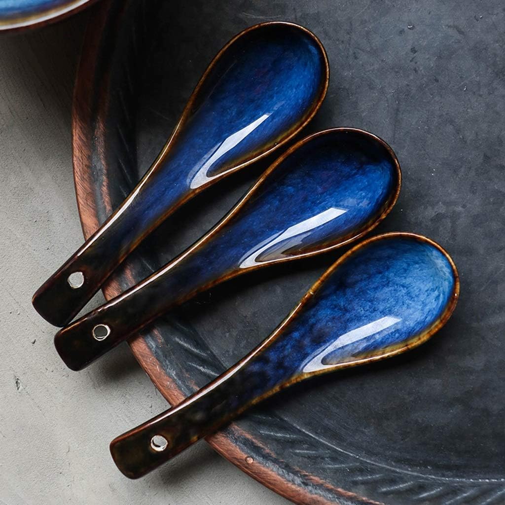 Japanese Style Ceramic Soup Spoon Retro Ramen Bowl Soup Spoon Rice Spoon Creative Spoon Blue