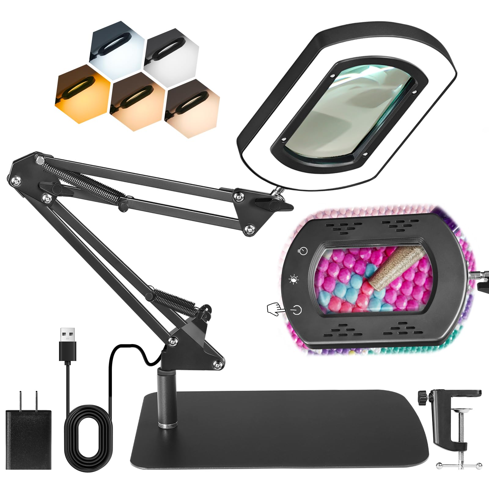 GOEBLESON 10X Magnifying glass with light, desk lamp & climp