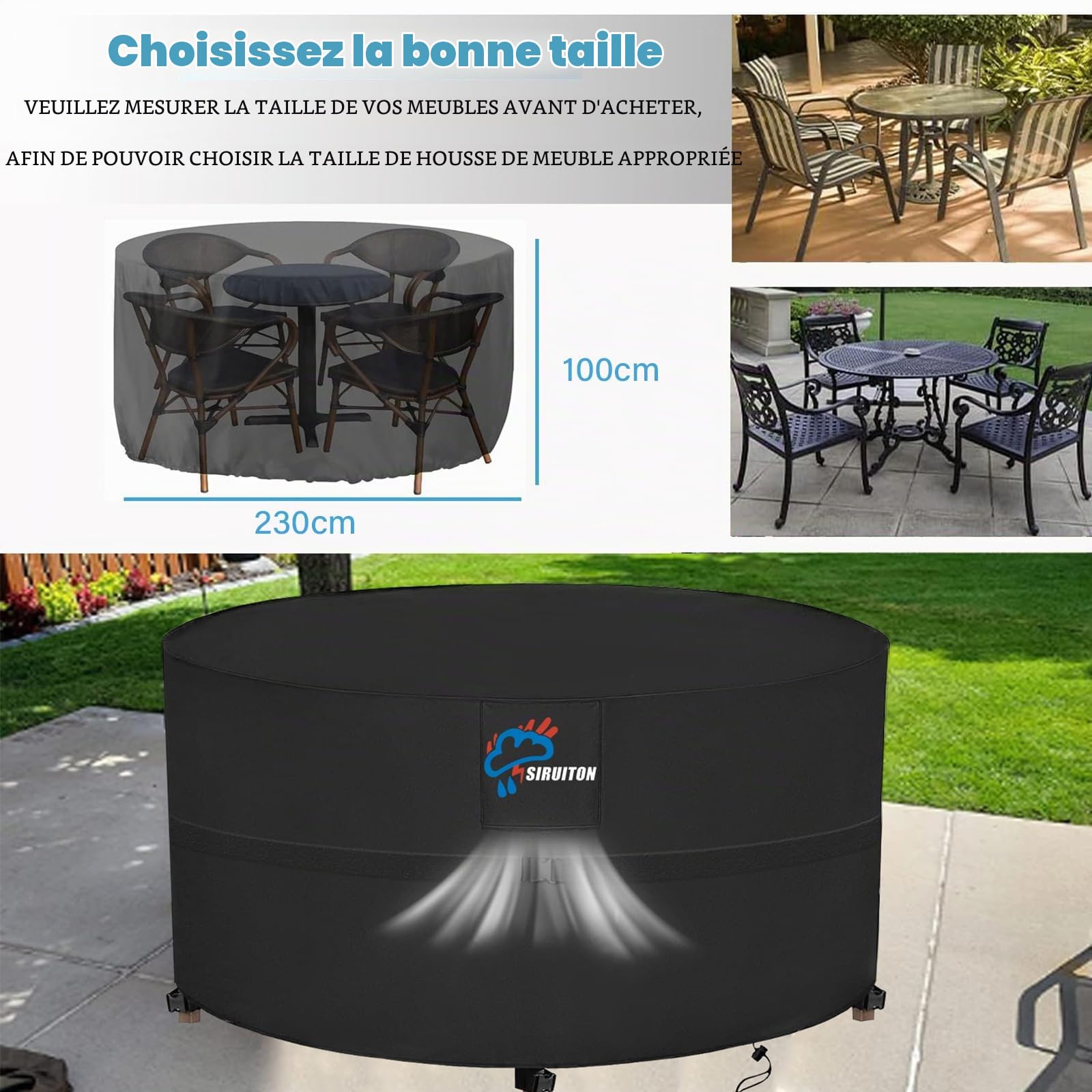 SIRUITON Housse Table de Jardin avec Grilles D’aération, Robuste Tissu Oxford 420D, Iimperméable, Coupe-Vent, Anti-UV, Housse de Protection pour Salon Meubles Extérieur, Ronde (Ø230X100) - Noir