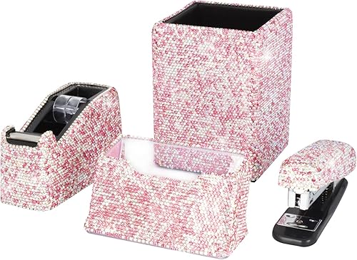 Miniatura 8 de Bling Crystal - Soporte cuadrado de lujo hecho a mano para lápices, grapadora, tarjetero y dispensador de cinta de escritorio, kit de papelería de