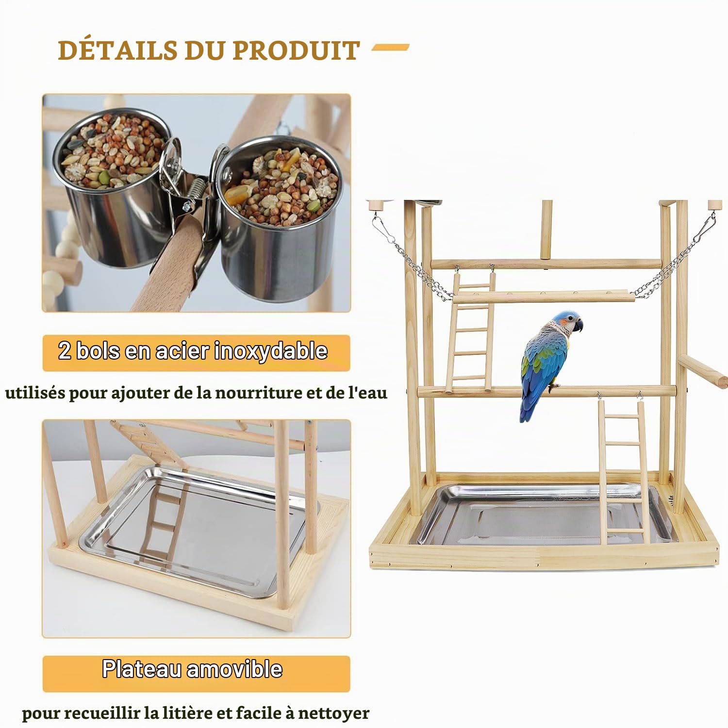 Jouet Perroquet,avec Godets à Nourriture en Acier Inoxydable,Chaîne en Plastique Multicolore,pour Animaux Domestiques,pour Perroquets et Autres Oiseaux