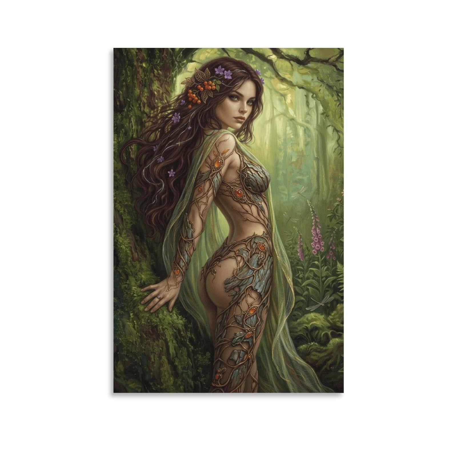 W7C8U2X3 Botanical Forest Goddess Canvas Wall Art, Fantasy Woman Wall Art