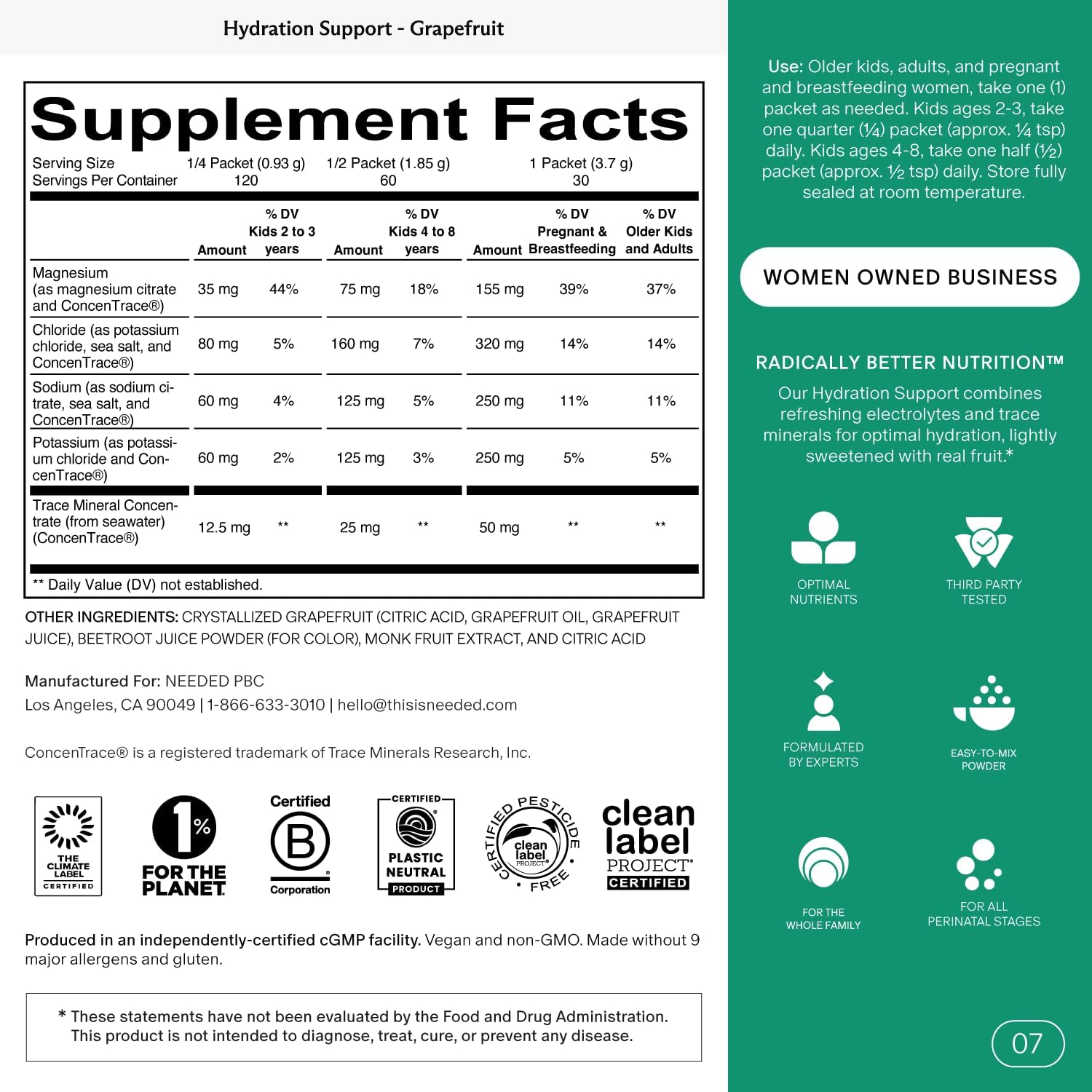 Needed. Hydration Support with Electrolytes & Trace Minerals – Electrolytes for Pregnancy & During Lactation - 30 Hydration Packets Lightly Sweetened with Real Fruit, Grapefruit