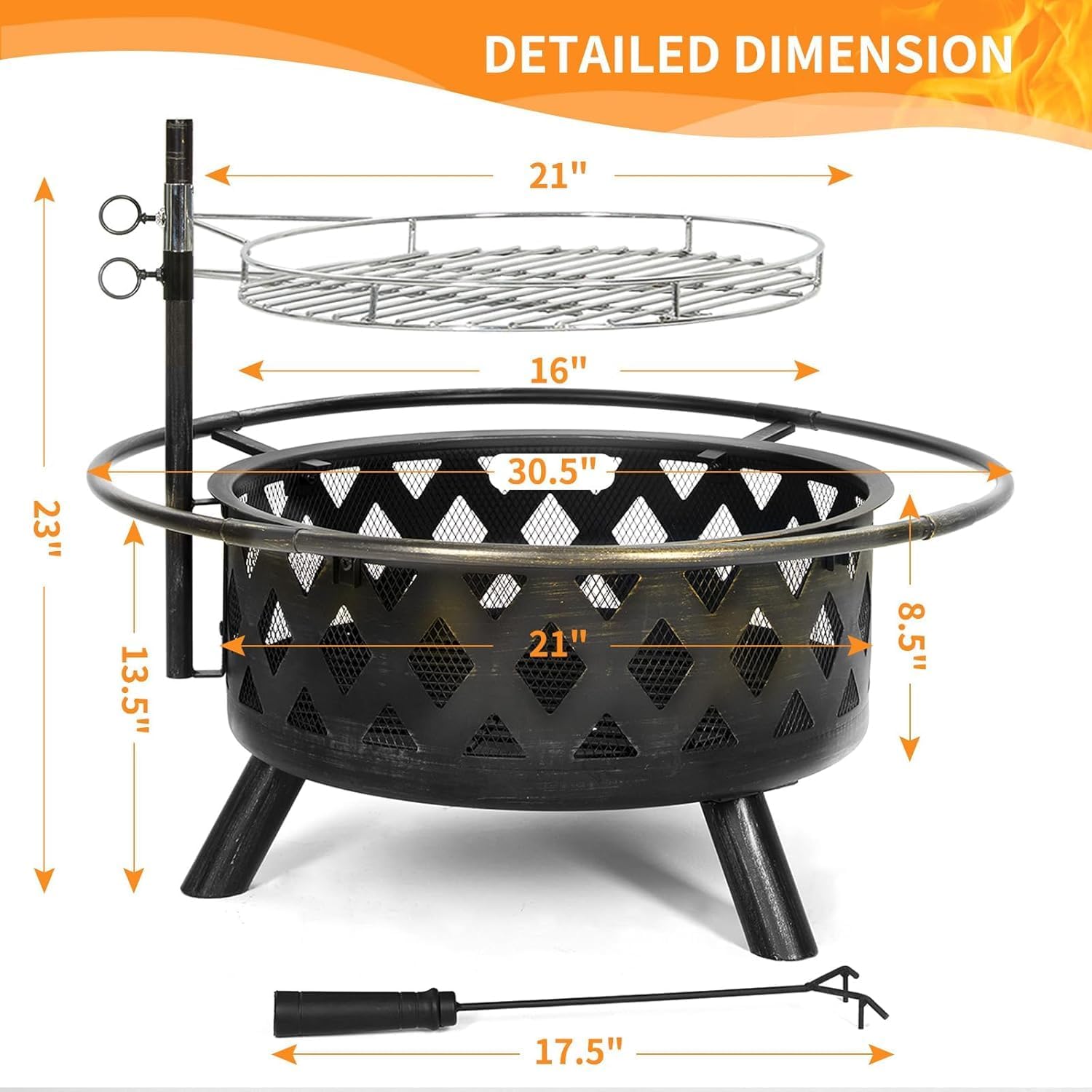 2 in 1 Firepit with Grill 30 Inch Outdoor Fire Pit with Mat & Spark Screen & Cooking Grate - Large Round Steel Fire pits for Patio, Backyard & Garden - Includes Poker for Wood Burning & Camping Use