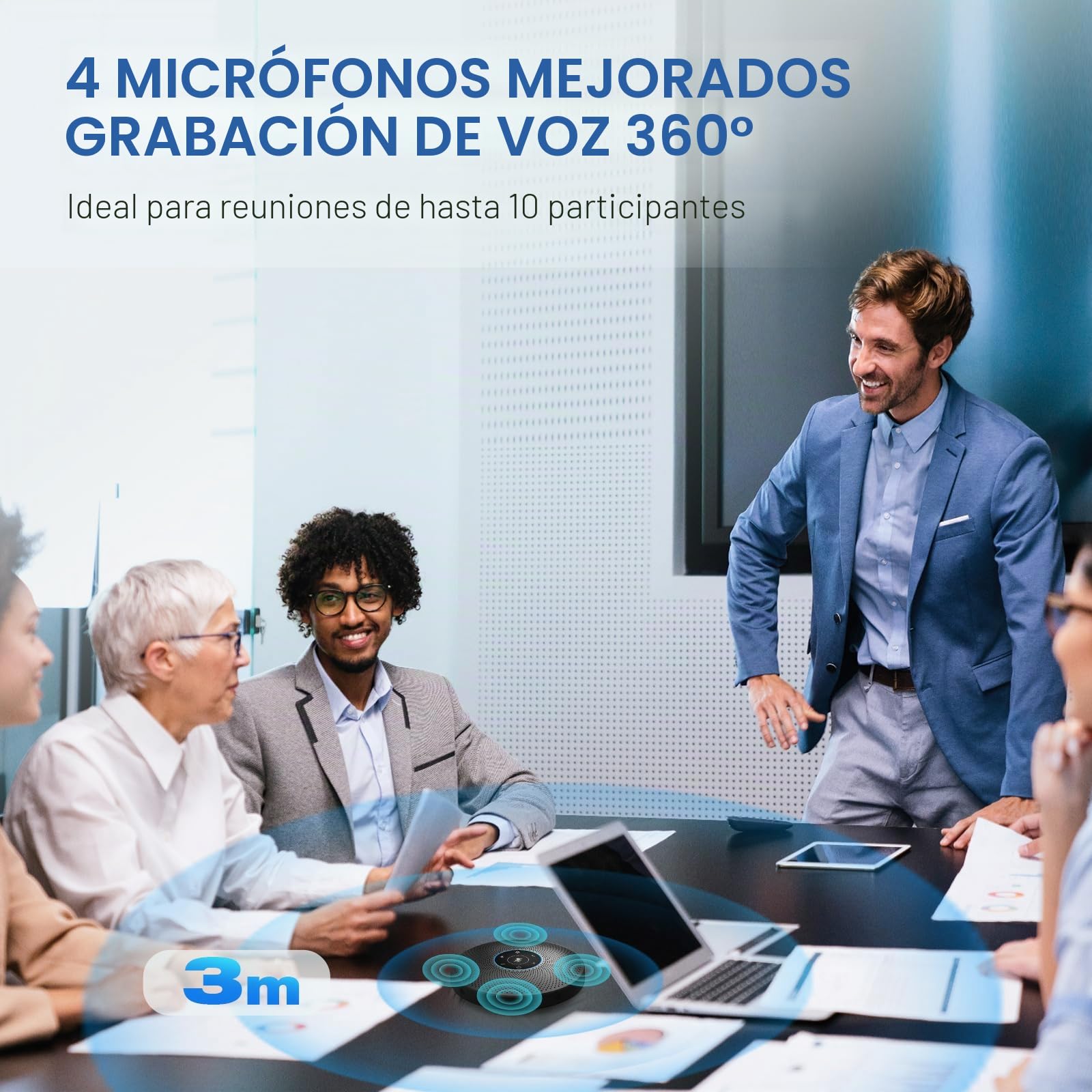 EMEET Altavoz de Conferencia Bluetooth - Sistema de Manos Libres USB para 5-10 Personas, Altavoz con 4 micrófonos AI, reconocimiento de Voz de 360 ​​°, micrófono de Conferencia con dongle