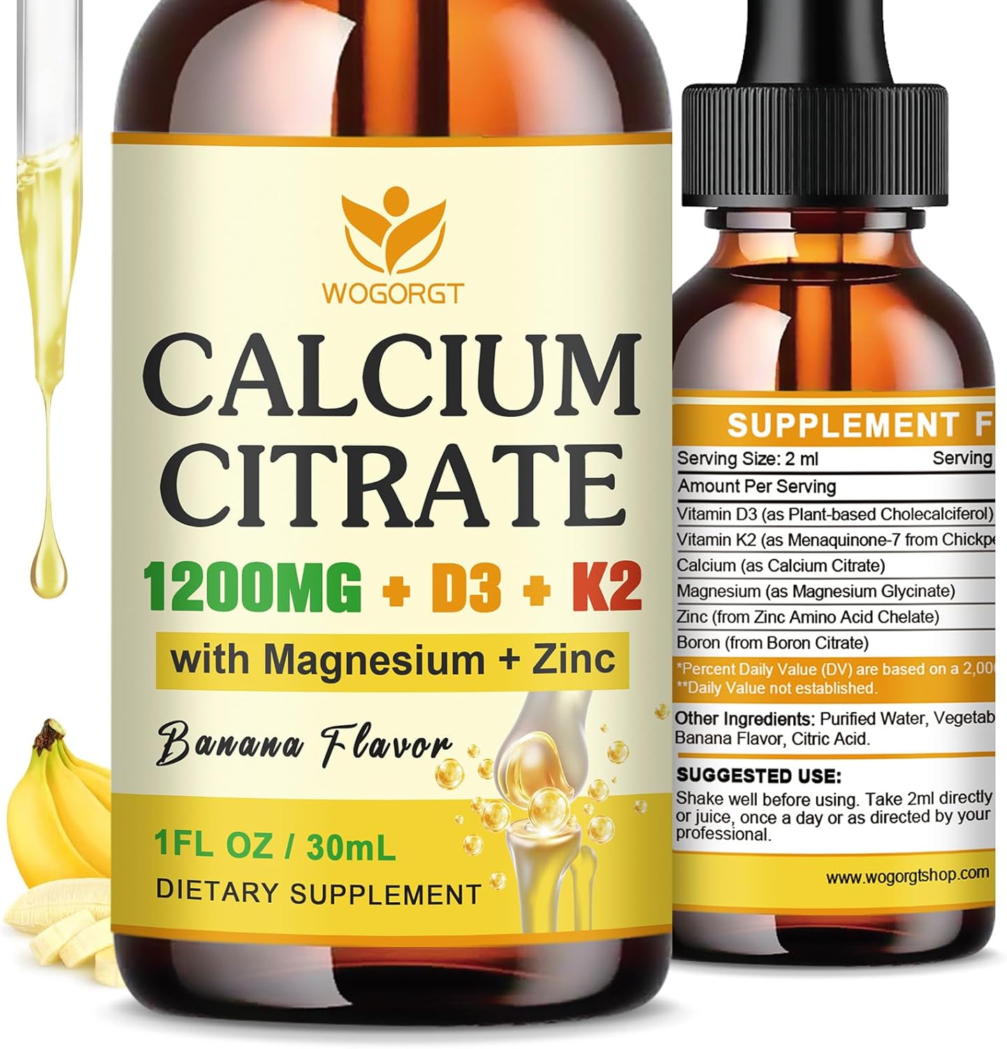 Calcium Citrate 1200mg Liquid Supplement with Vitamin D3 for Women & Men - Calcium Magnesium Zinc D3 K2 Supplement for Bone, Teeth, Immune Support - Sugar Free, Vegan, Banana Flavor - 1 Fl Oz (2 Pack)