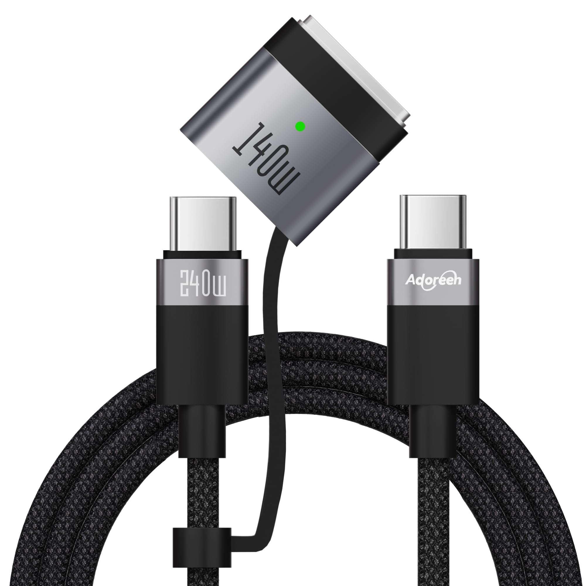 Adoreen 140W USB-C to Magnetic 3 Safe Fast-Charging Cable 6 Ft with 240W to USB-C Adapter, PD 3.1, LED Indicator, Braided Apple Magsafe Charger