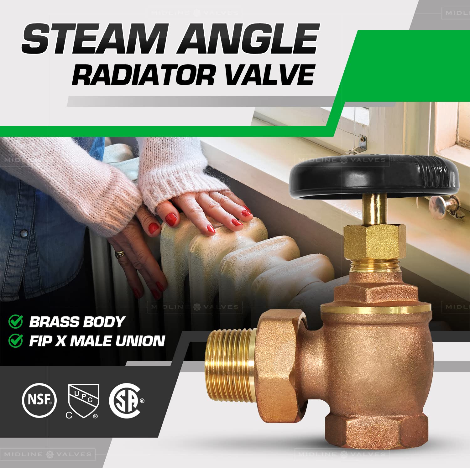 Midline Valve 6I342-5 Válvula de radiador de vapor; control de temperatura de ventilación de aire; 1 pulgada FIP x unión macho; latón (paquete de 5)