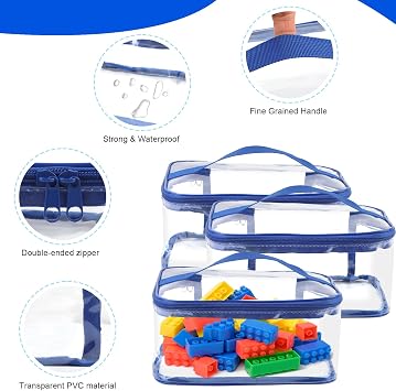 3 Pcs Toy Storage Bags, Clear Toy Zipper Organiser Bags with Handle