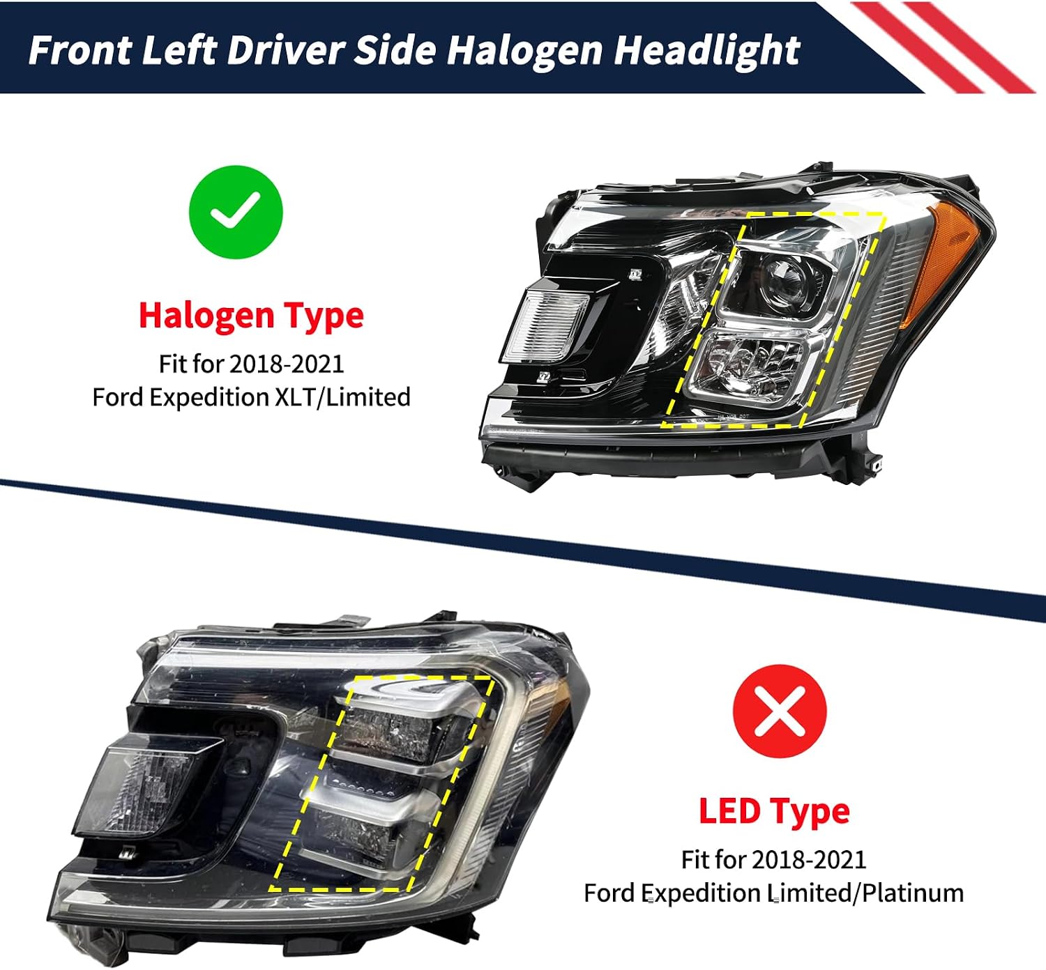 Halogen Headlight w/Bulbs Front Left Driver Side Headlamp Assembly JL1Z-13008-J JL1Z13008J FO2502370 Compatible with Ford Expedition XLT Limited 2018-2021